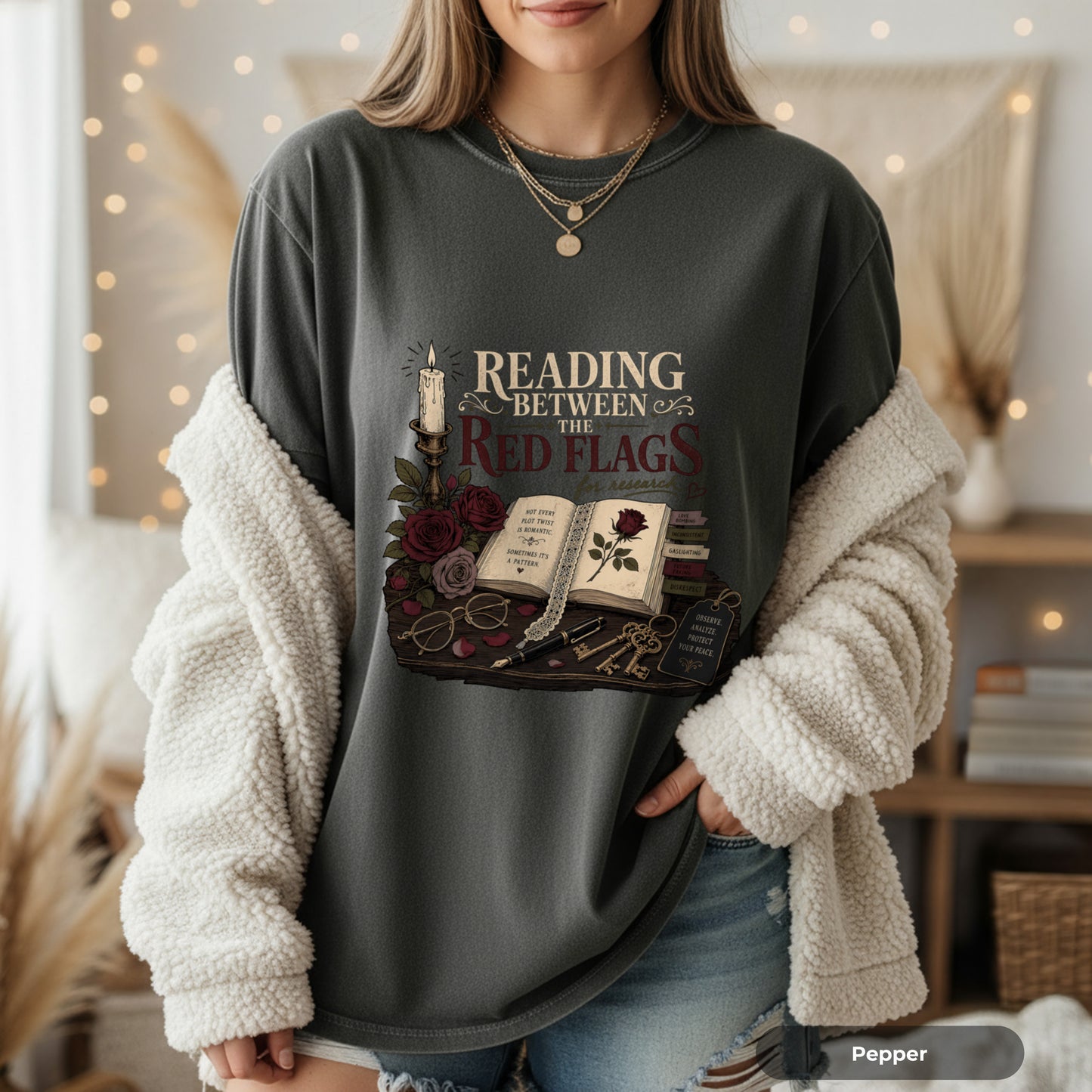 Reading Between the Red Flags T-Shirt — Vintage Bookish Gothic Tee