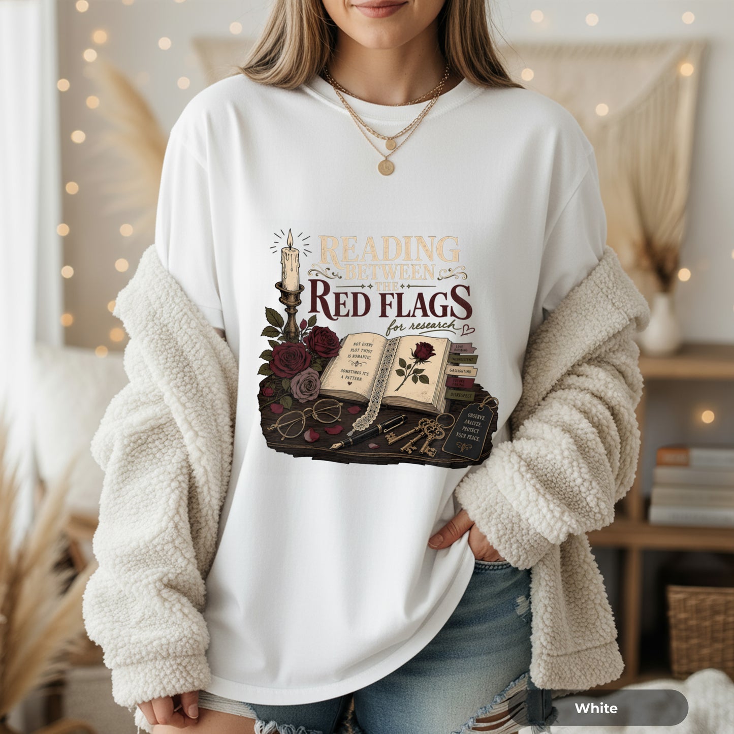 Reading Between the Red Flags T-Shirt — Vintage Bookish Gothic Tee