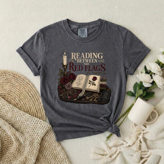 Reading Between the Red Flags T-Shirt — Vintage Bookish Gothic Tee