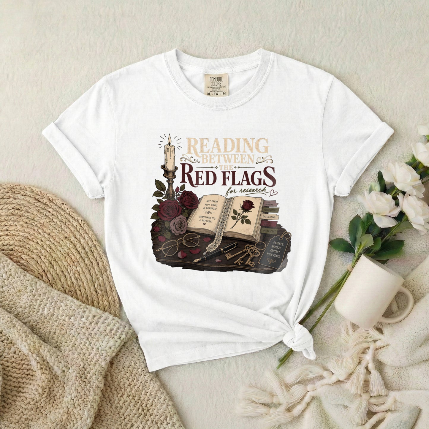 Reading Between the Red Flags T-Shirt — Vintage Bookish Gothic Tee