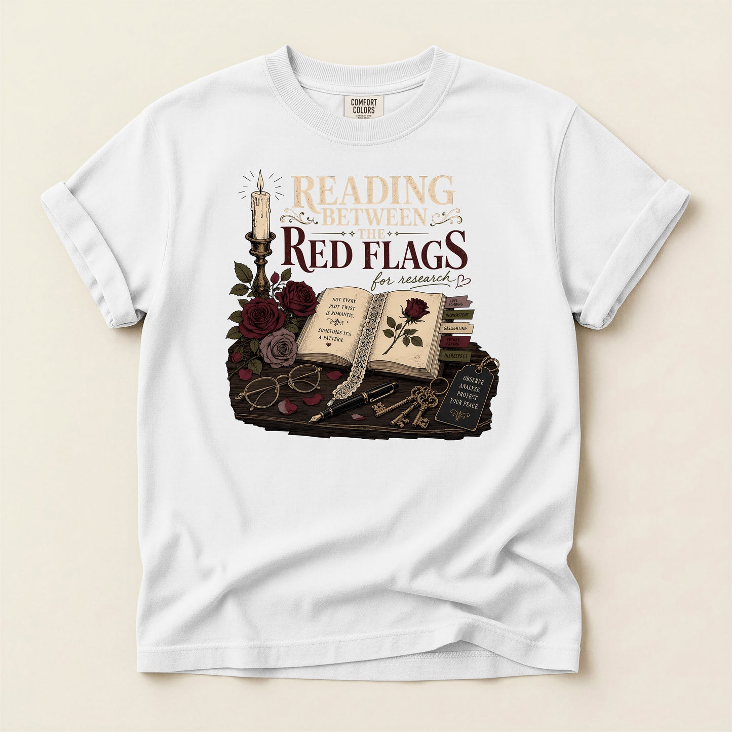 Reading Between the Red Flags T-Shirt — Vintage Bookish Gothic Tee