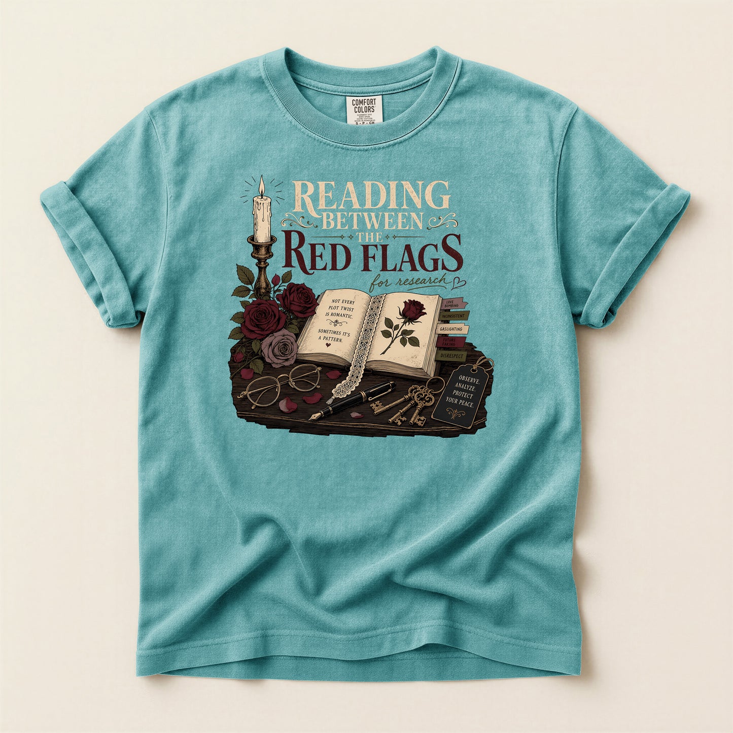 Reading Between the Red Flags T-Shirt — Vintage Bookish Gothic Tee