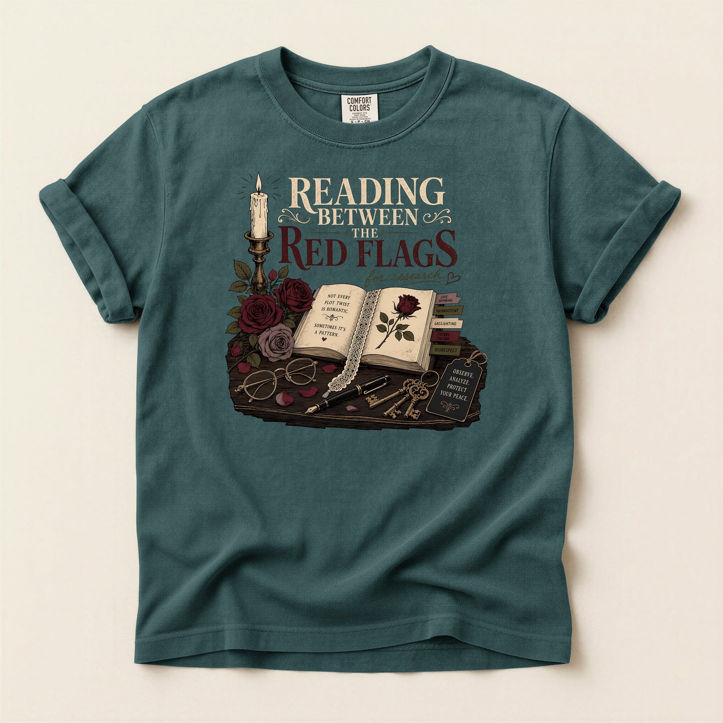 Reading Between the Red Flags T-Shirt — Vintage Bookish Gothic Tee