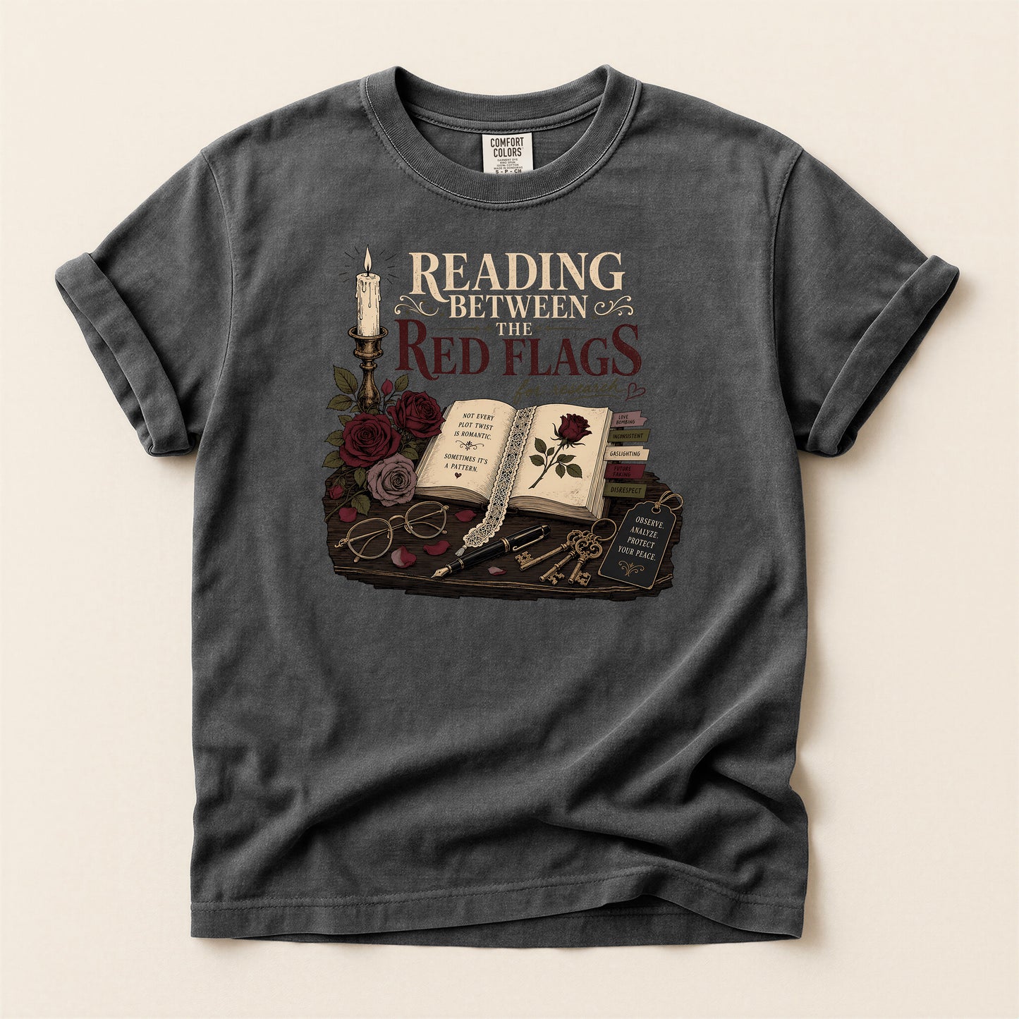 Reading Between the Red Flags T-Shirt — Vintage Bookish Gothic Tee