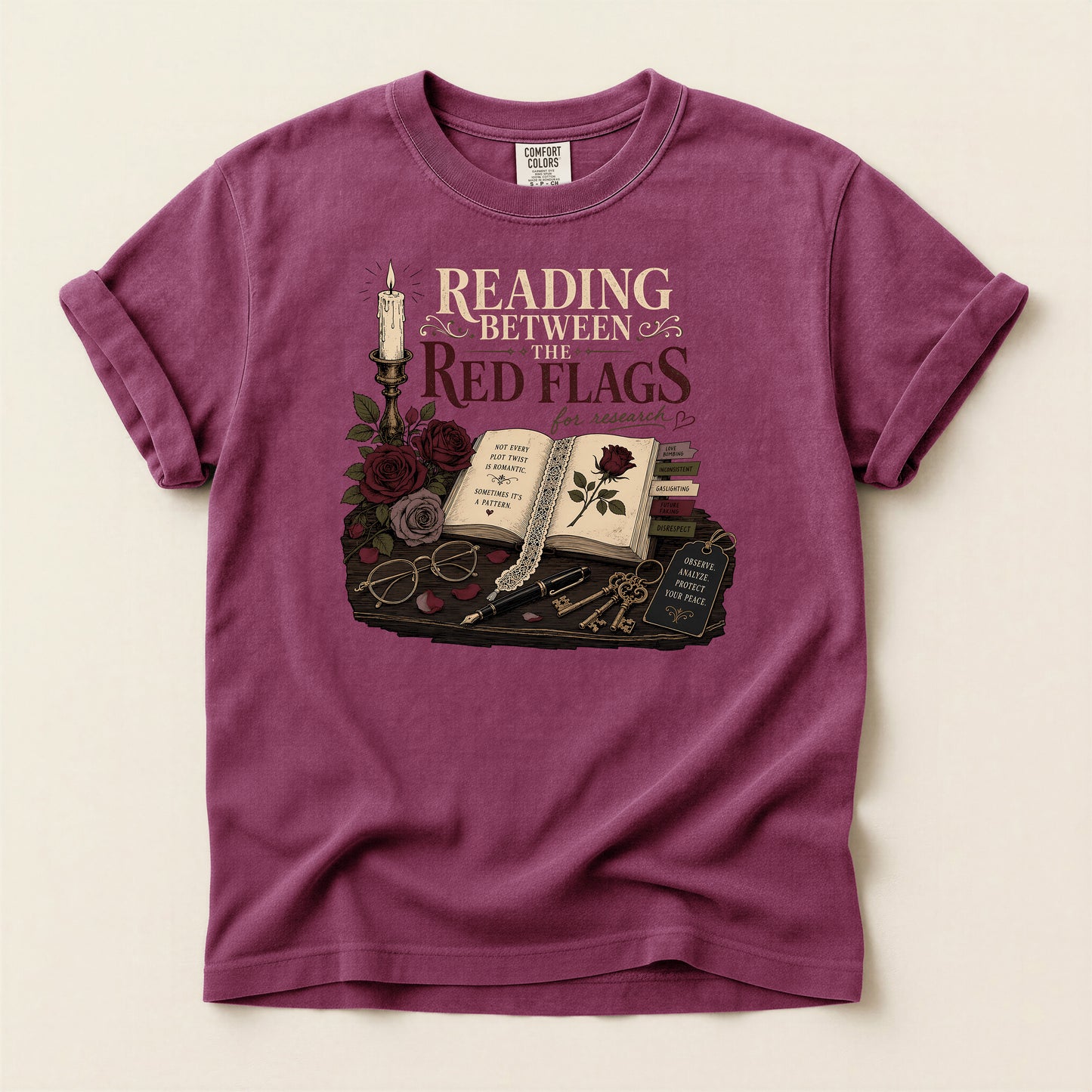 Reading Between the Red Flags T-Shirt — Vintage Bookish Gothic Tee