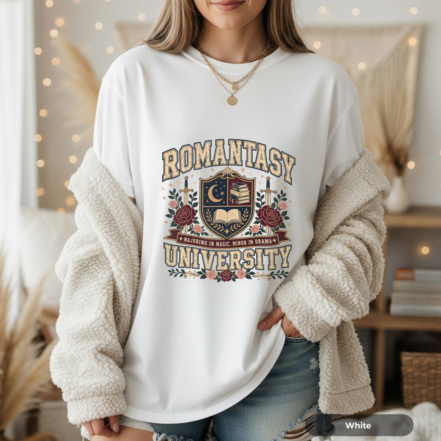 Romantasy University T-Shirt — Vintage Crest Tee with Moon & Roses