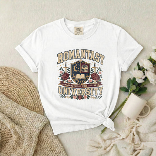 Romantasy University T-Shirt — Vintage Crest Tee with Moon & Roses