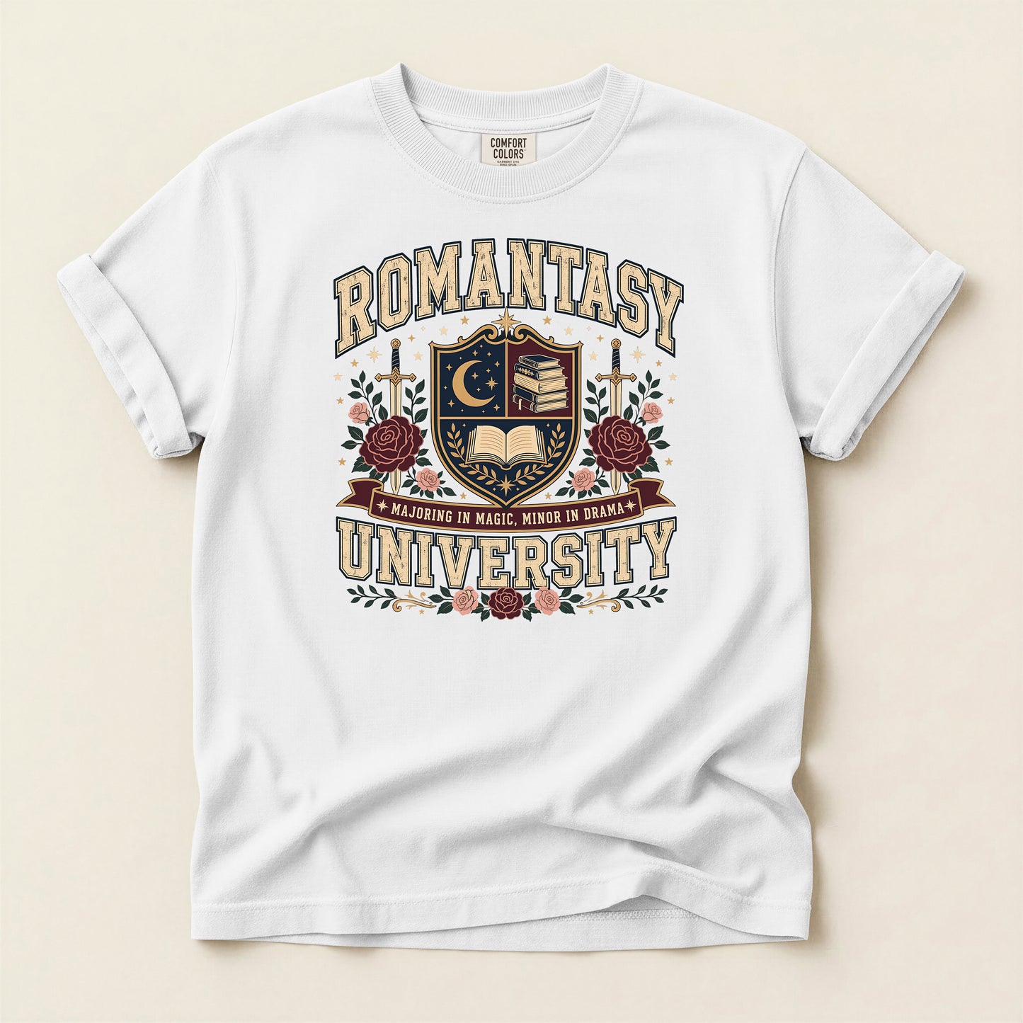 Romantasy University T-Shirt — Vintage Crest Tee with Moon & Roses