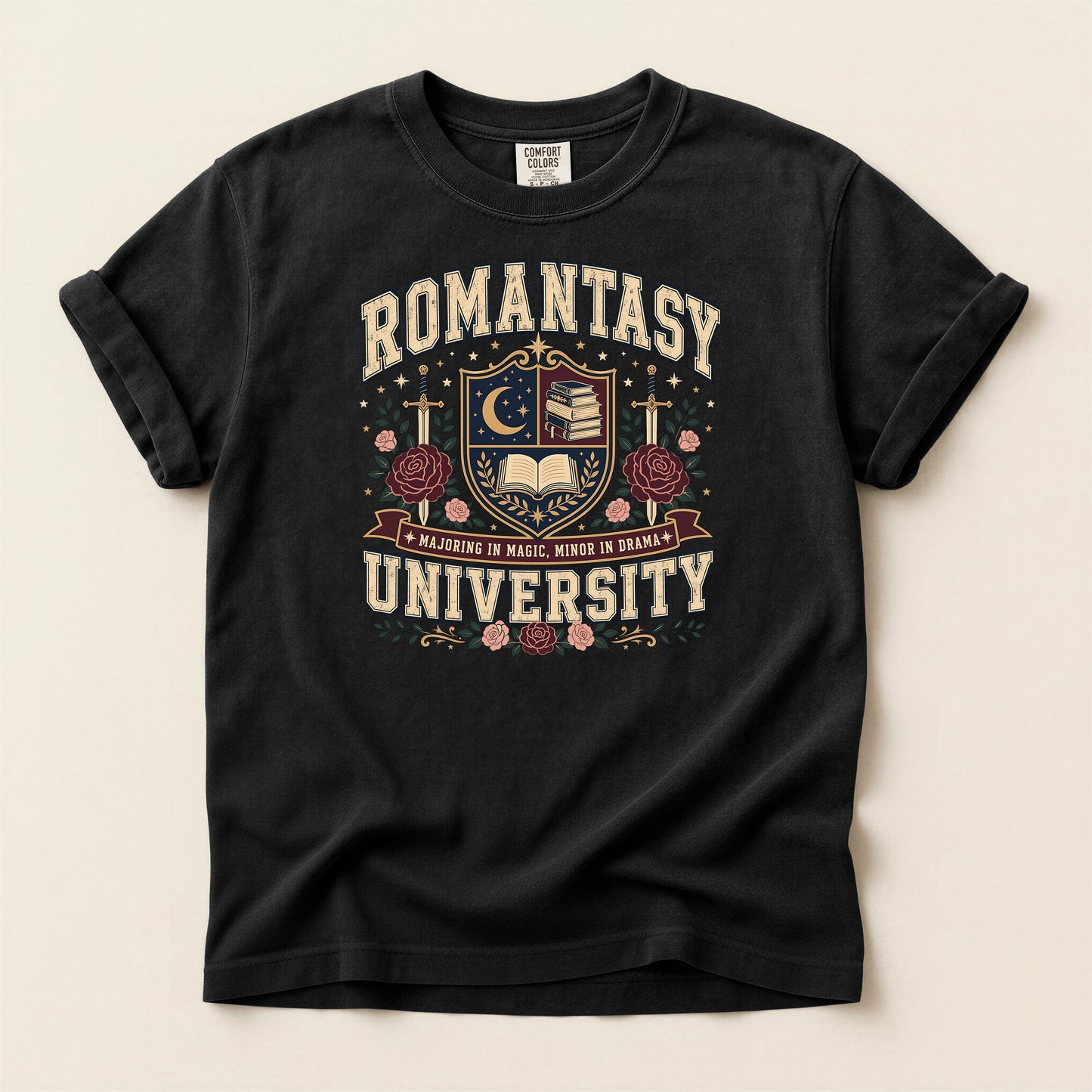 Romantasy University T-Shirt — Vintage Crest Tee with Moon & Roses