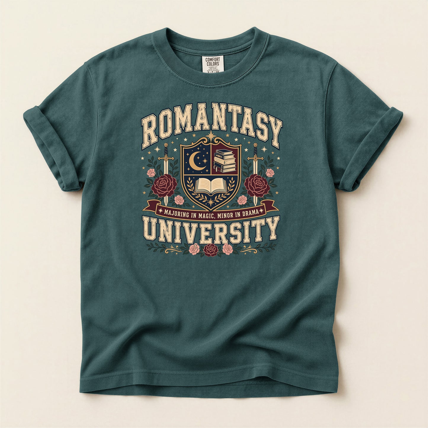 Romantasy University T-Shirt — Vintage Crest Tee with Moon & Roses