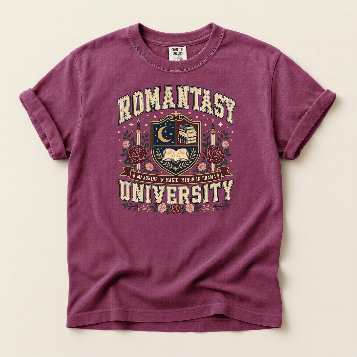 Romantasy University T-Shirt — Vintage Crest Tee with Moon & Roses