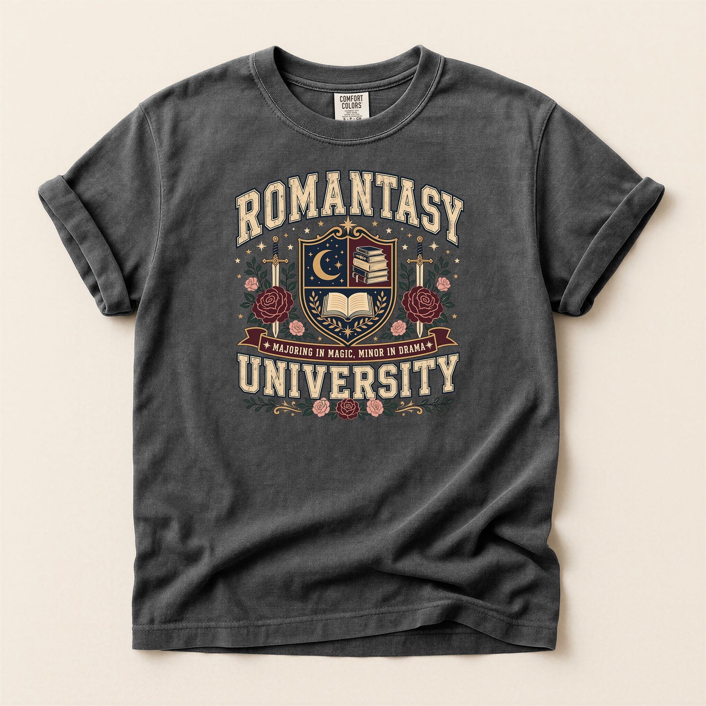 Romantasy University T-Shirt — Vintage Crest Tee with Moon & Roses