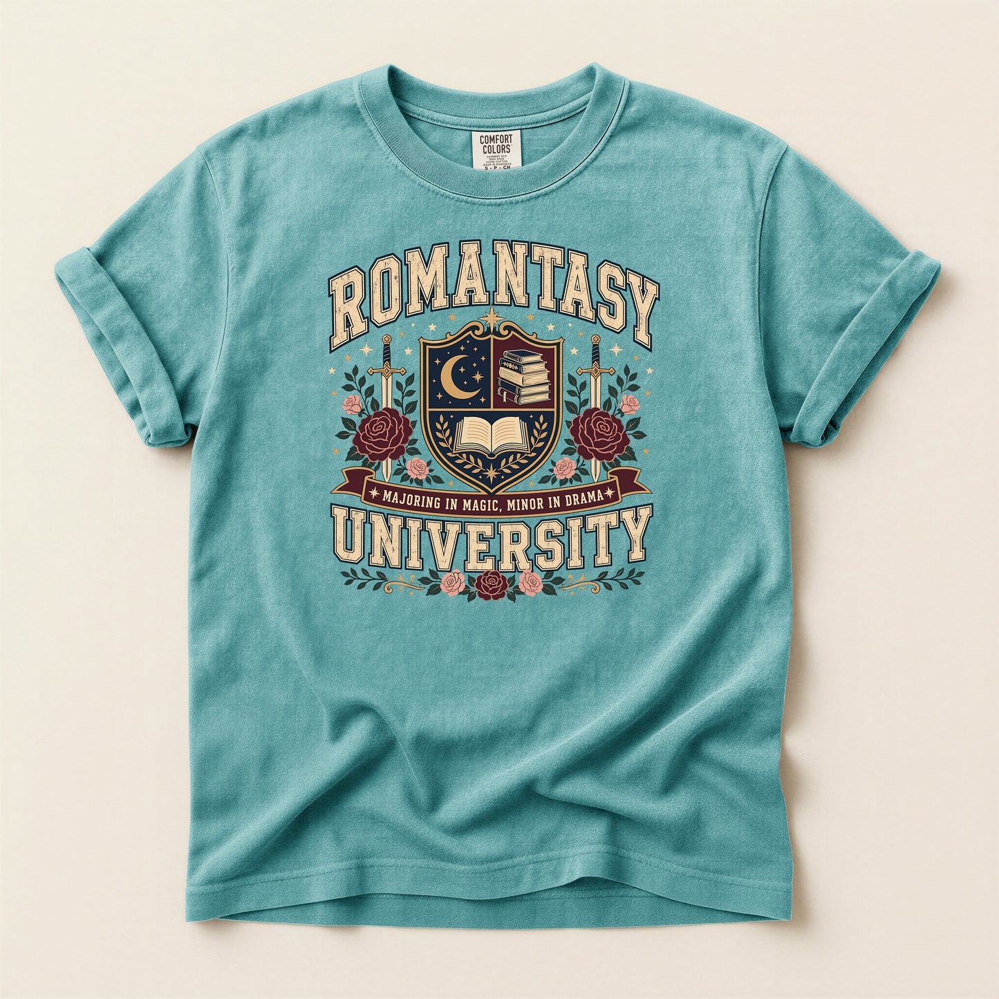 Romantasy University T-Shirt — Vintage Crest Tee with Moon & Roses