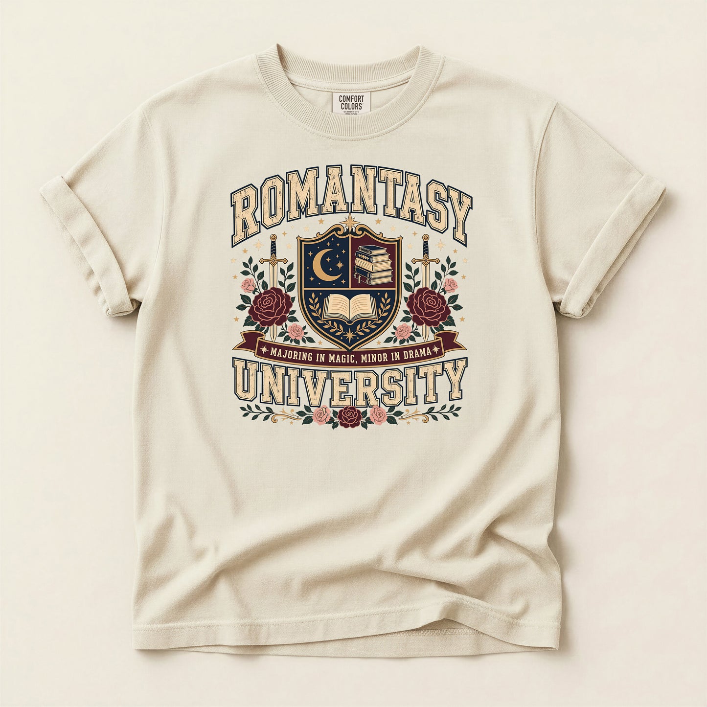 Romantasy University T-Shirt — Vintage Crest Tee with Moon & Roses