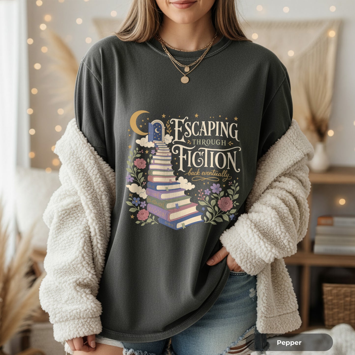 Escaping Into Fiction T-Shirt — Stacked Books & Floral Reading Tee