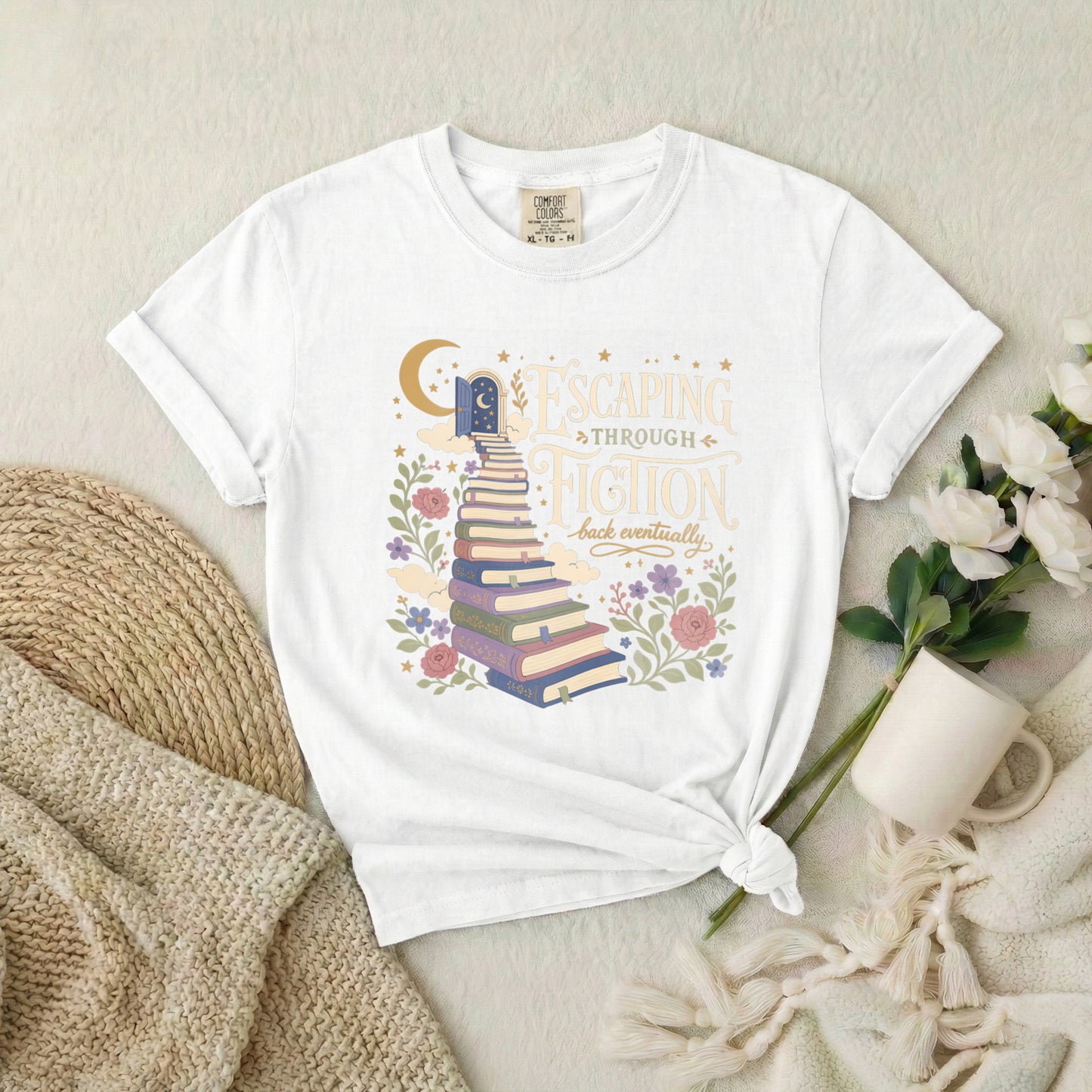 Escaping Into Fiction T-Shirt — Stacked Books & Floral Reading Tee
