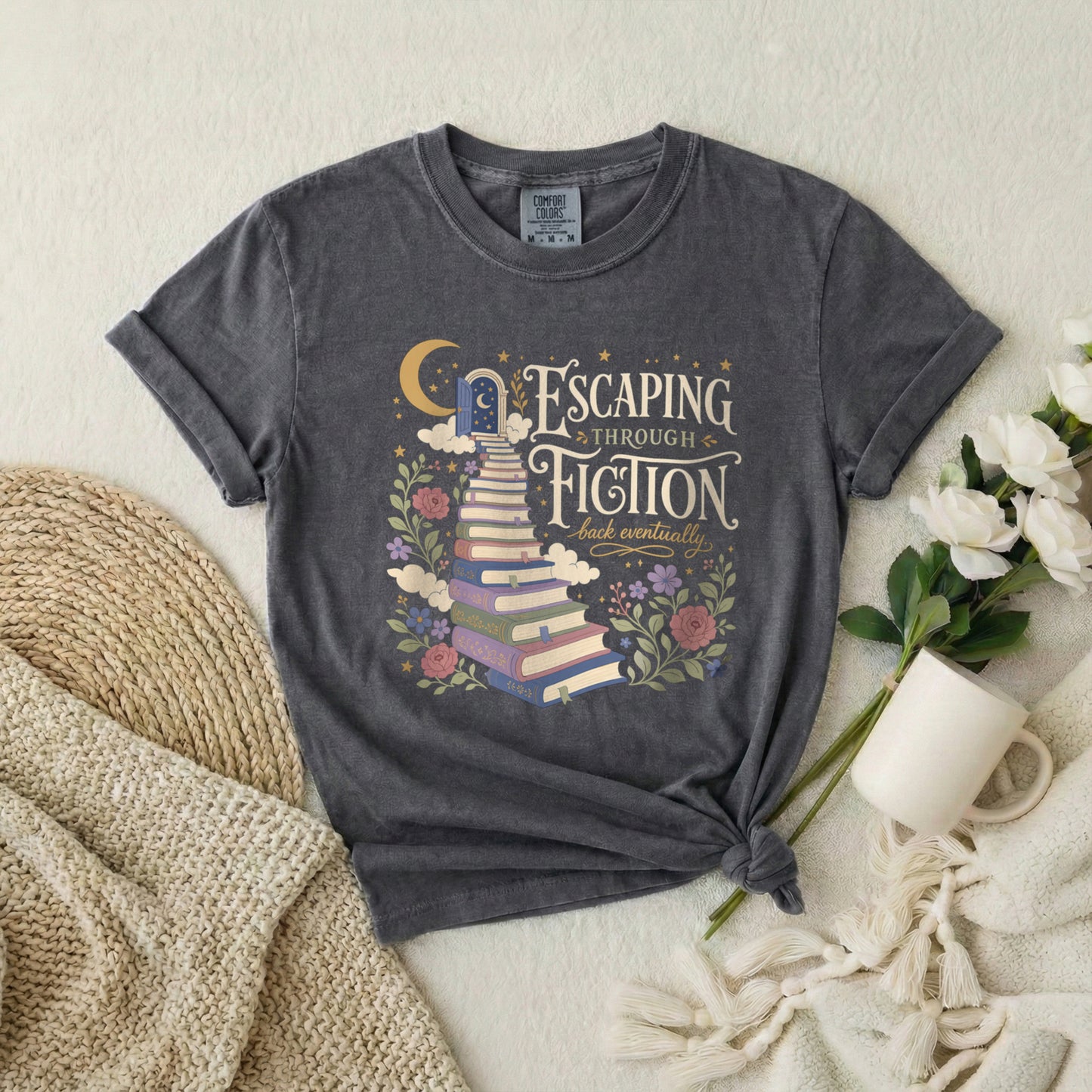 Escaping Into Fiction T-Shirt — Stacked Books & Floral Reading Tee