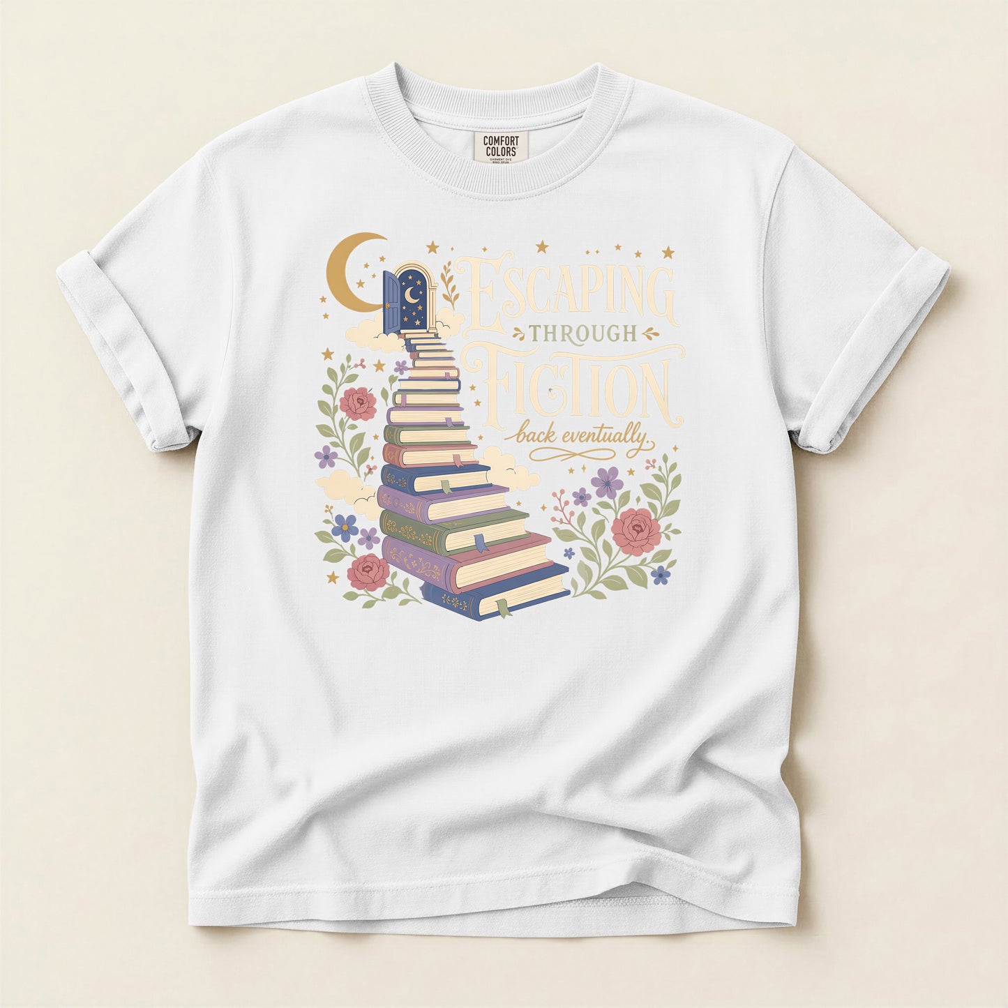 Escaping Into Fiction T-Shirt — Stacked Books & Floral Reading Tee