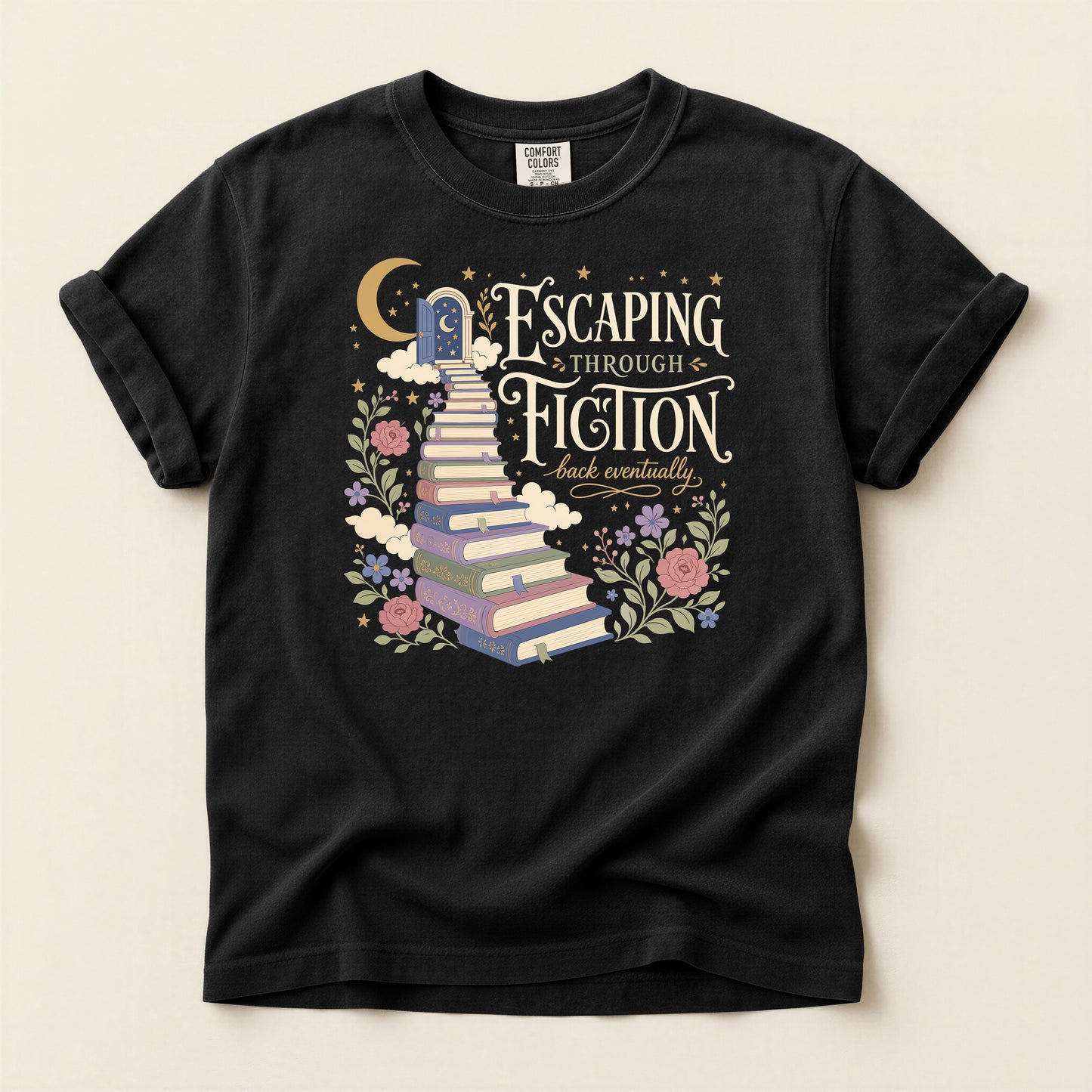 Escaping Into Fiction T-Shirt — Stacked Books & Floral Reading Tee