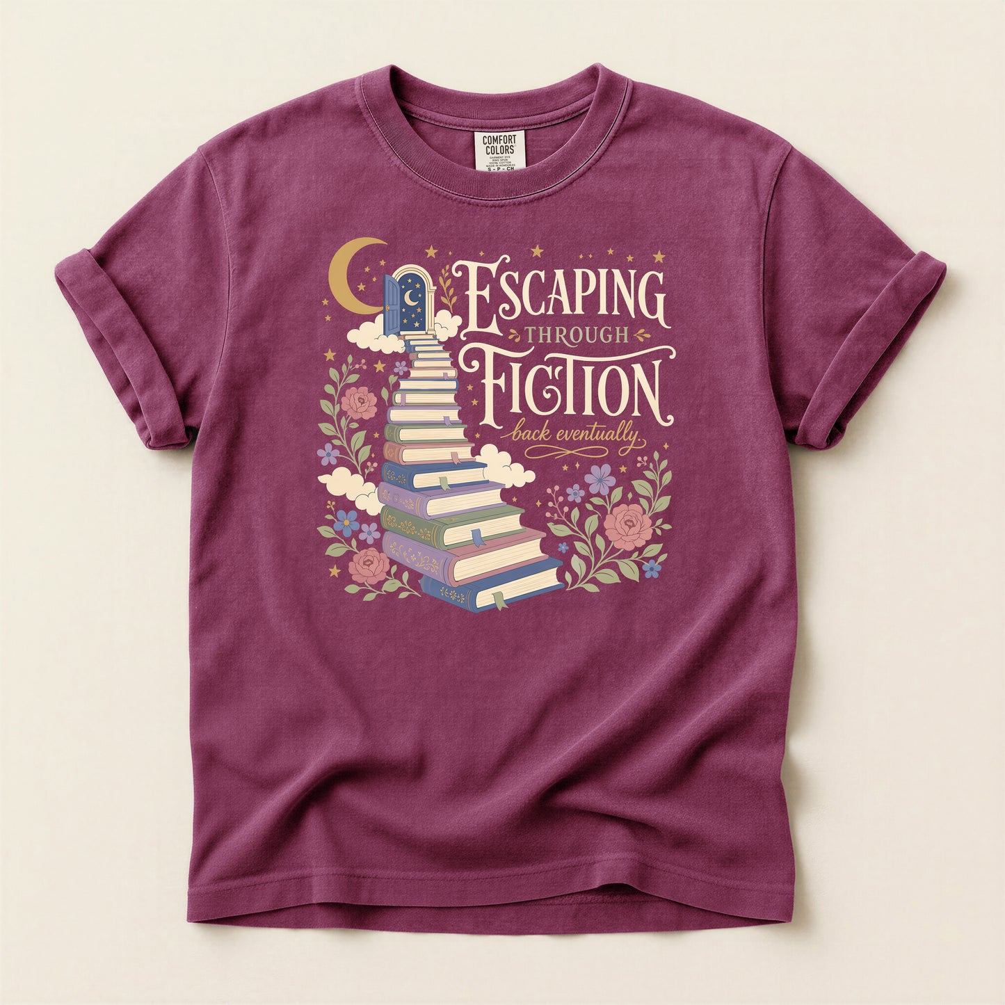 Escaping Into Fiction T-Shirt — Stacked Books & Floral Reading Tee