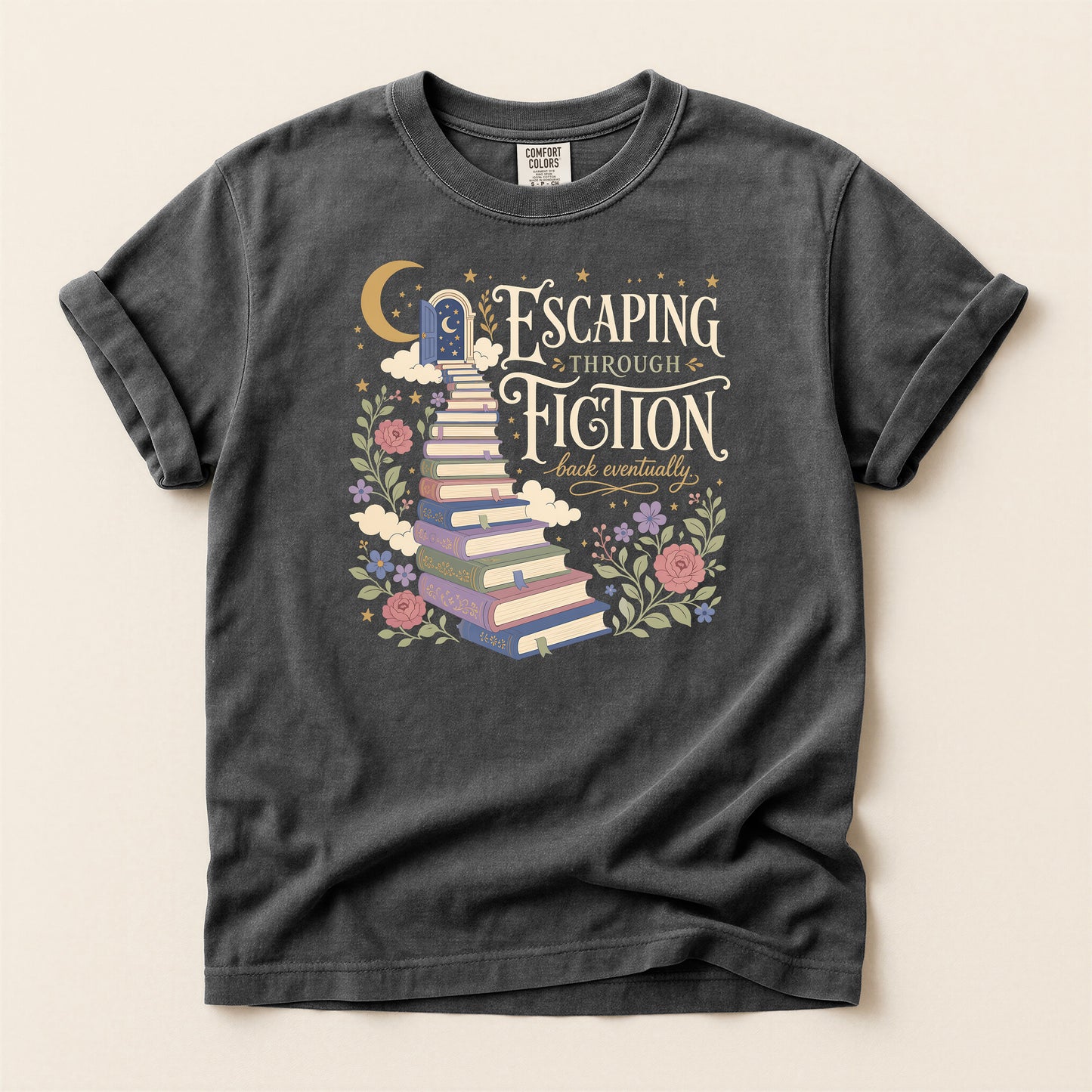 Escaping Into Fiction T-Shirt — Stacked Books & Floral Reading Tee
