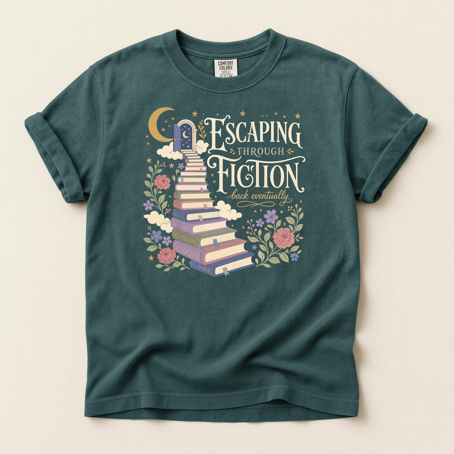 Escaping Into Fiction T-Shirt — Stacked Books & Floral Reading Tee