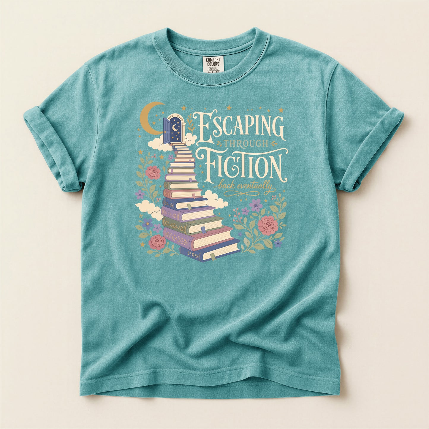 Escaping Into Fiction T-Shirt — Stacked Books & Floral Reading Tee