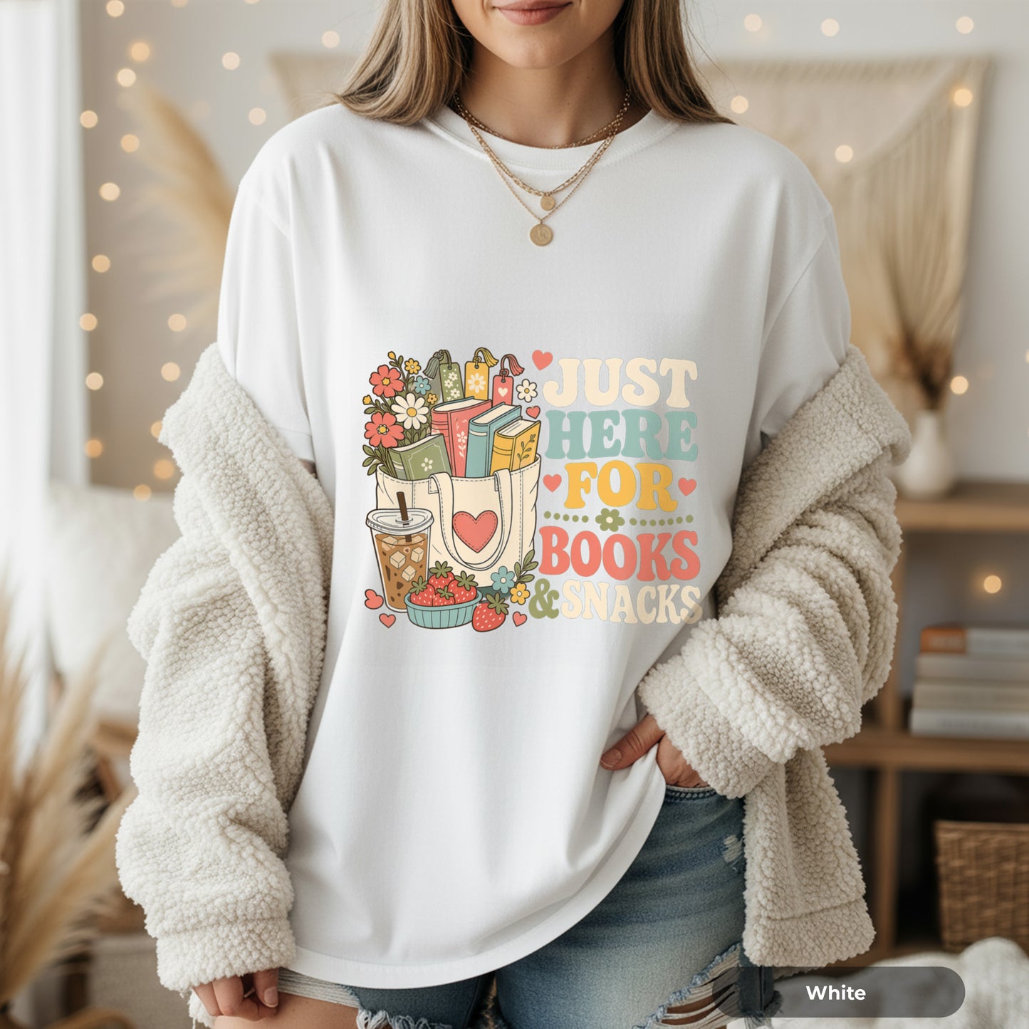 T-Shirt — "Just Here for Books & Snacks" Cozy Reader Graphic Tee