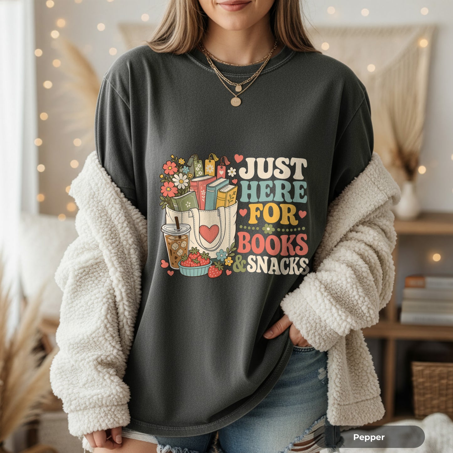 T-Shirt — "Just Here for Books & Snacks" Cozy Reader Graphic Tee