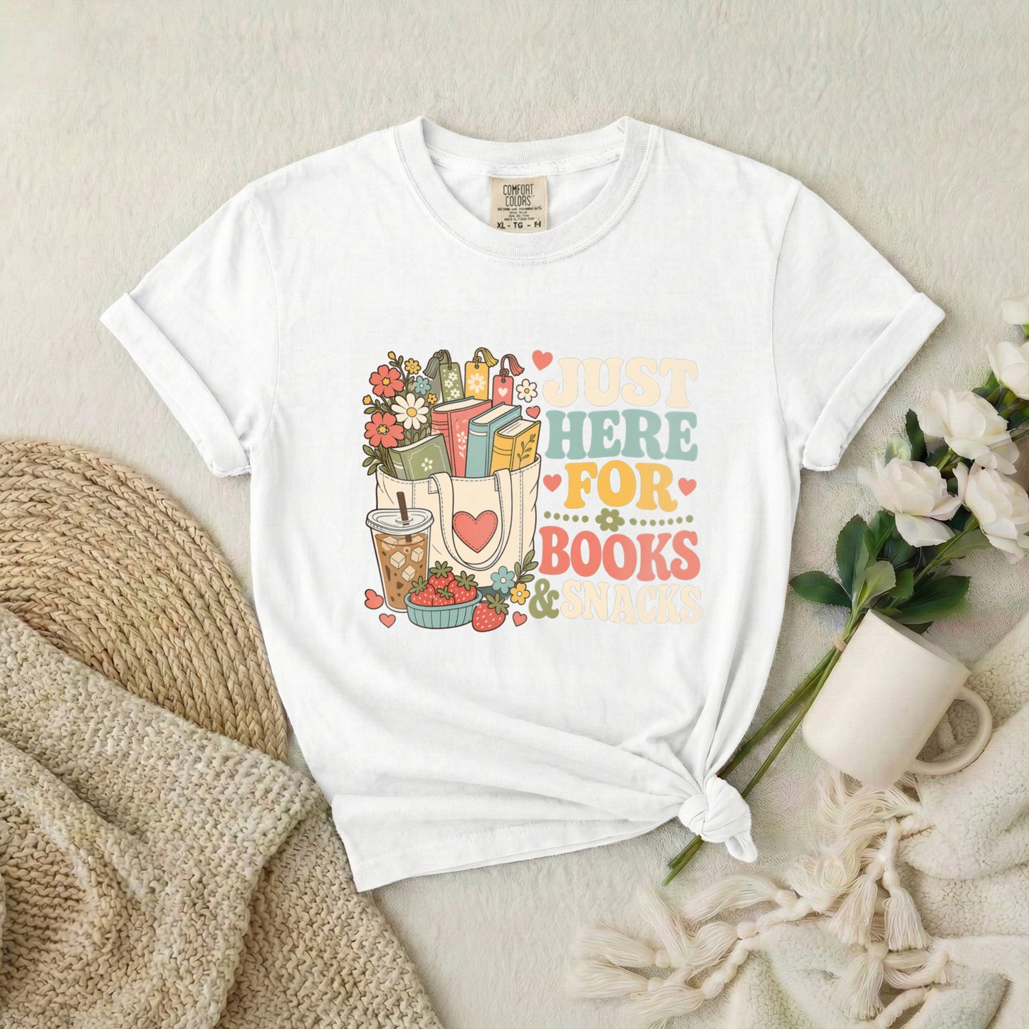 T-Shirt — "Just Here for Books & Snacks" Cozy Reader Graphic Tee