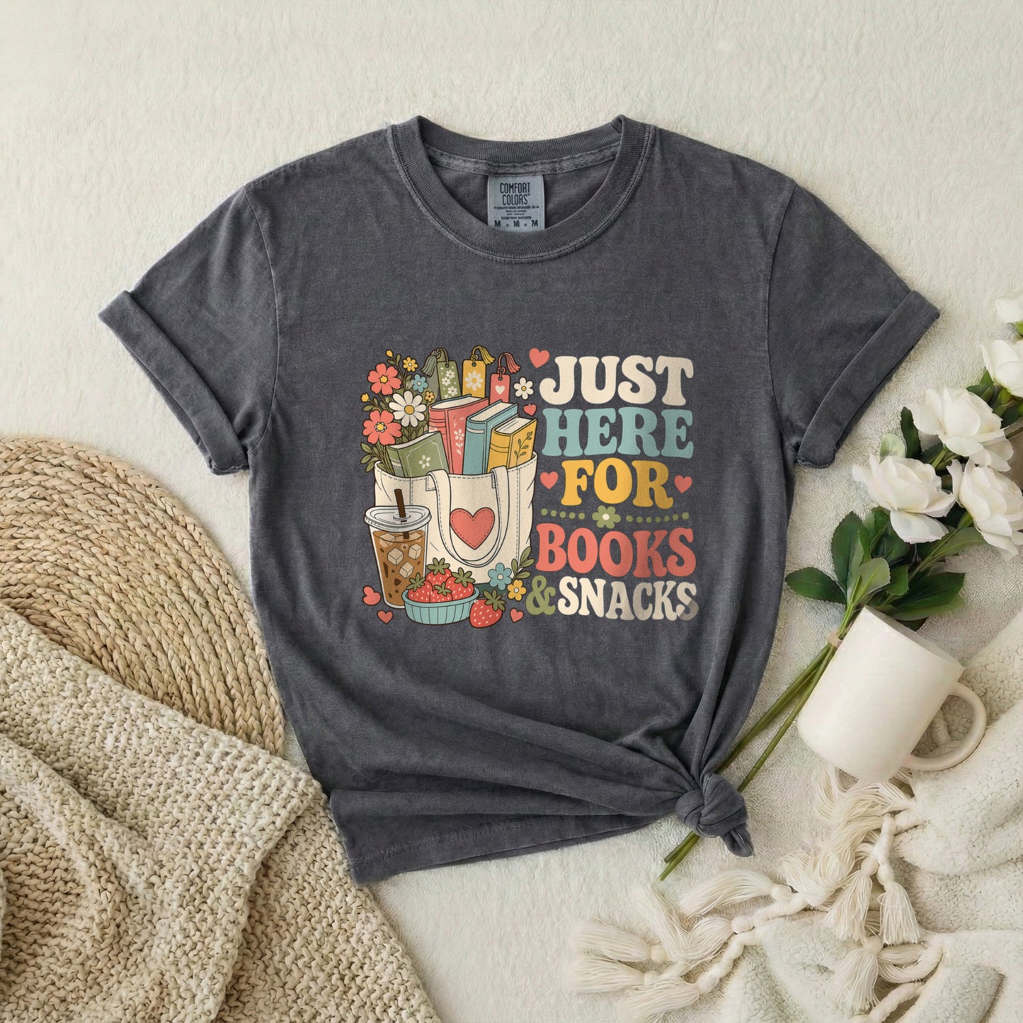 T-Shirt — "Just Here for Books & Snacks" Cozy Reader Graphic Tee