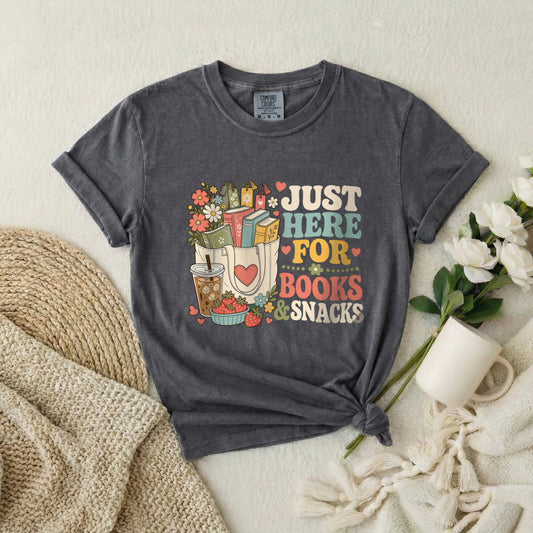 T-Shirt — "Just Here for Books & Snacks" Cozy Reader Graphic Tee