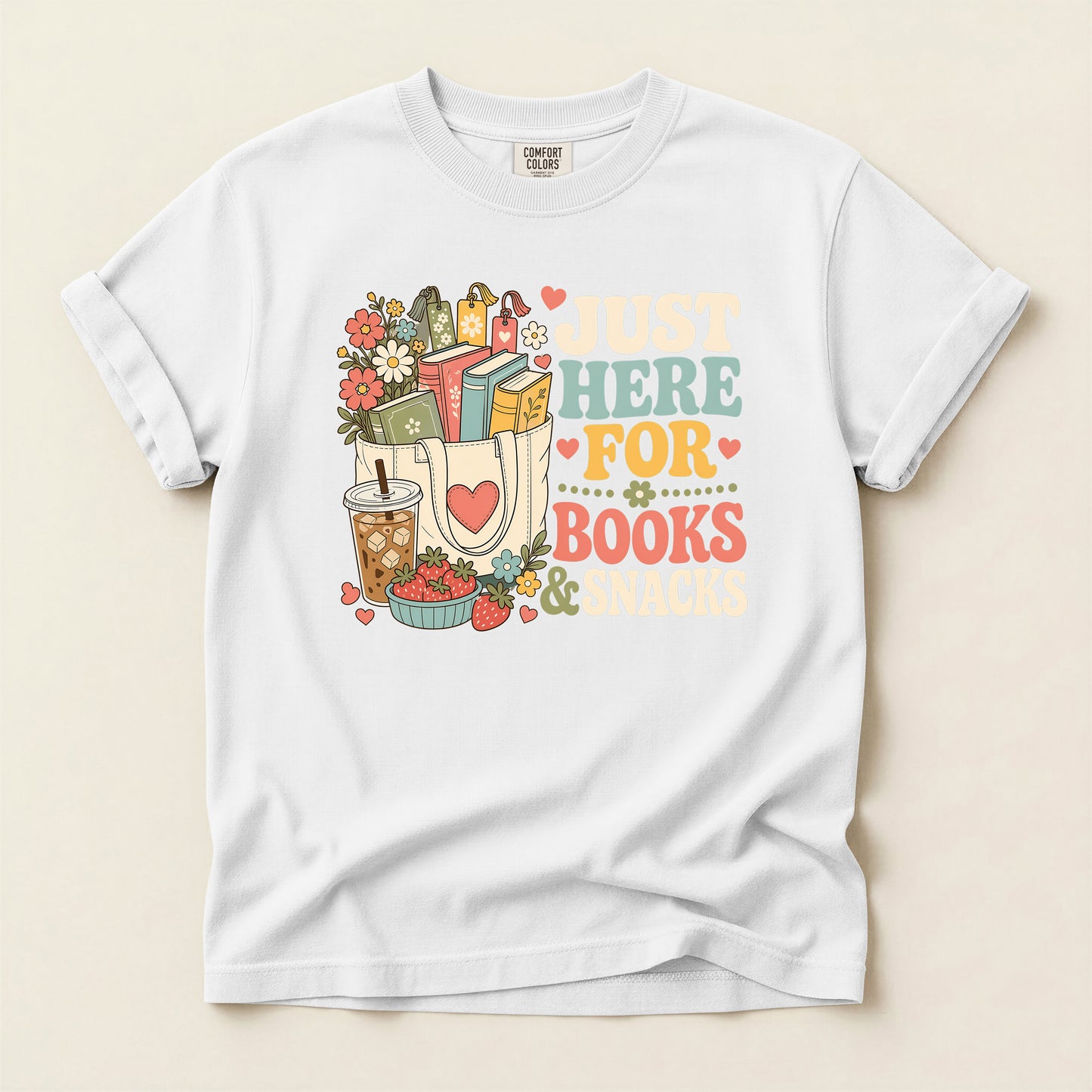 T-Shirt — "Just Here for Books & Snacks" Cozy Reader Graphic Tee
