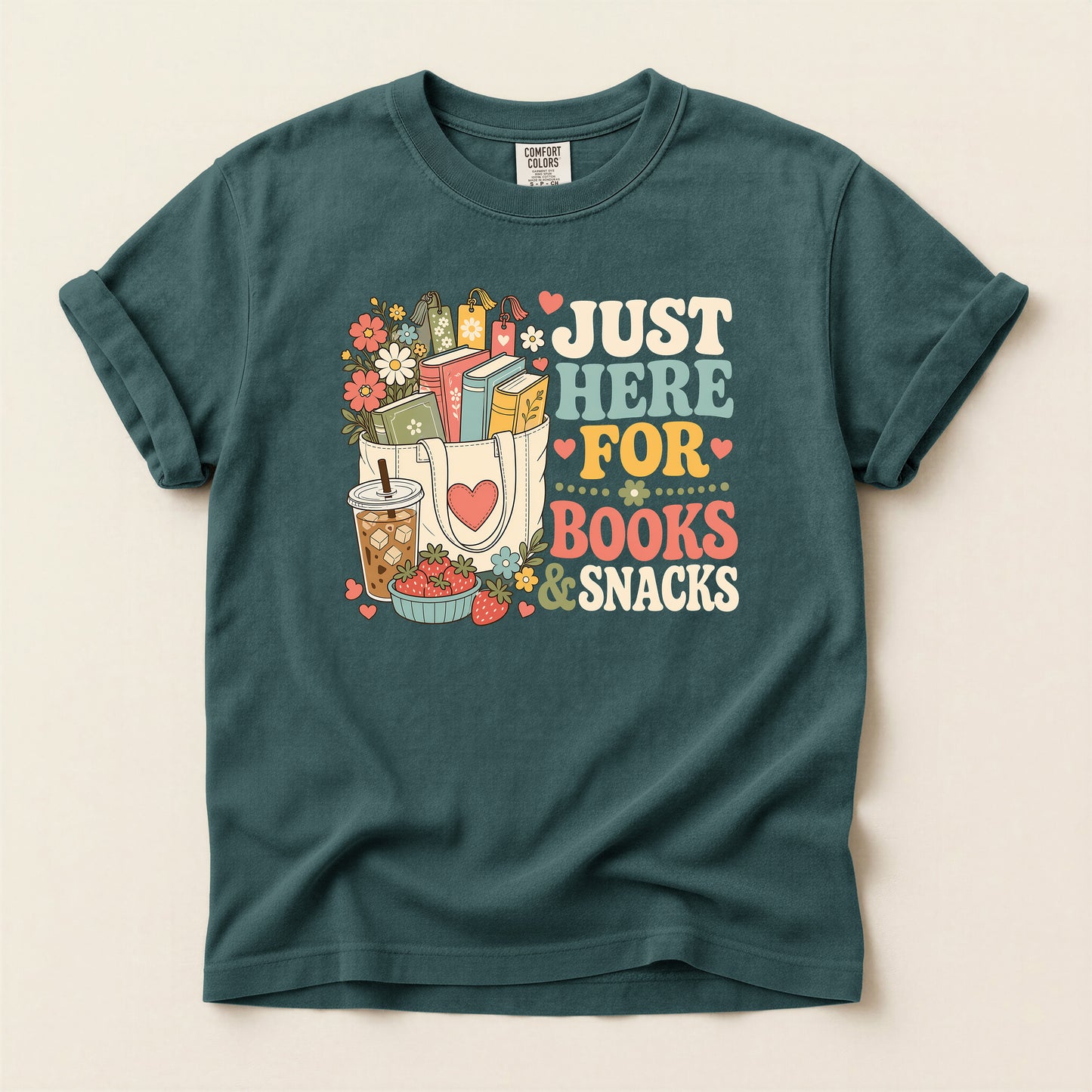 T-Shirt — "Just Here for Books & Snacks" Cozy Reader Graphic Tee