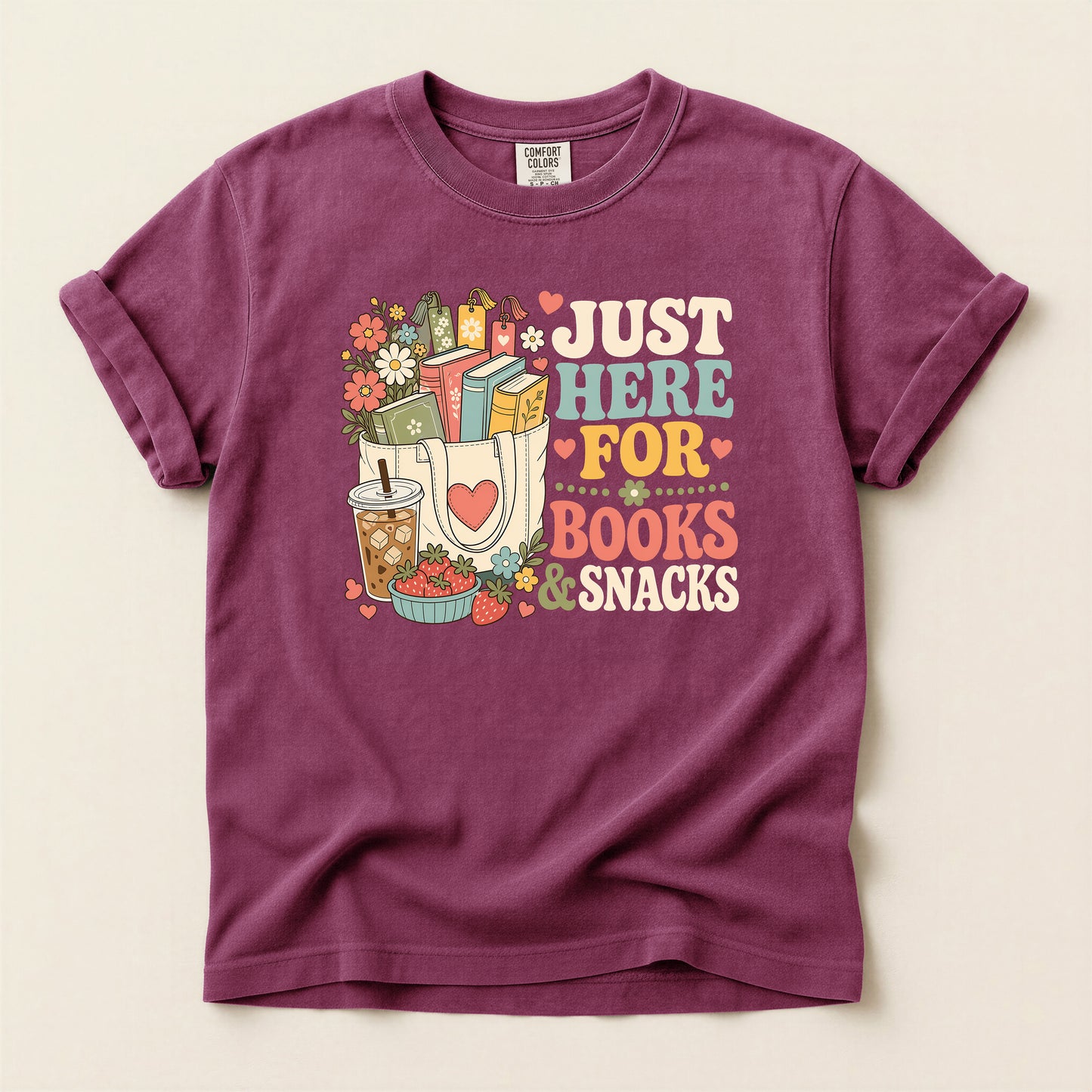 T-Shirt — "Just Here for Books & Snacks" Cozy Reader Graphic Tee