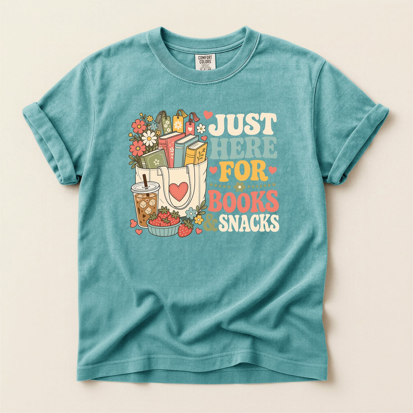 T-Shirt — "Just Here for Books & Snacks" Cozy Reader Graphic Tee