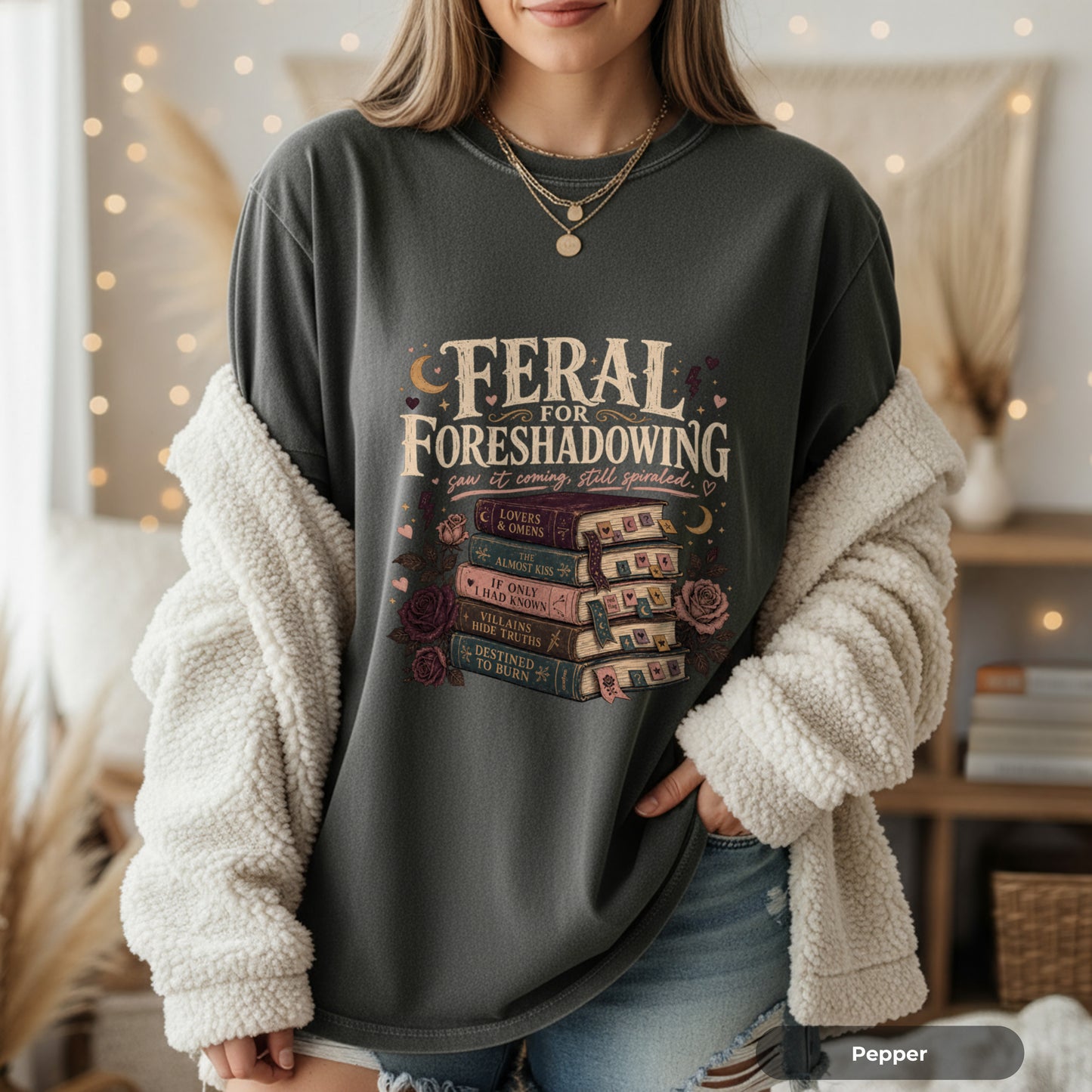 Foreshadowing Stack Book T-Shirt — "Feral for Foreshadowing" Literary Graphic Tee