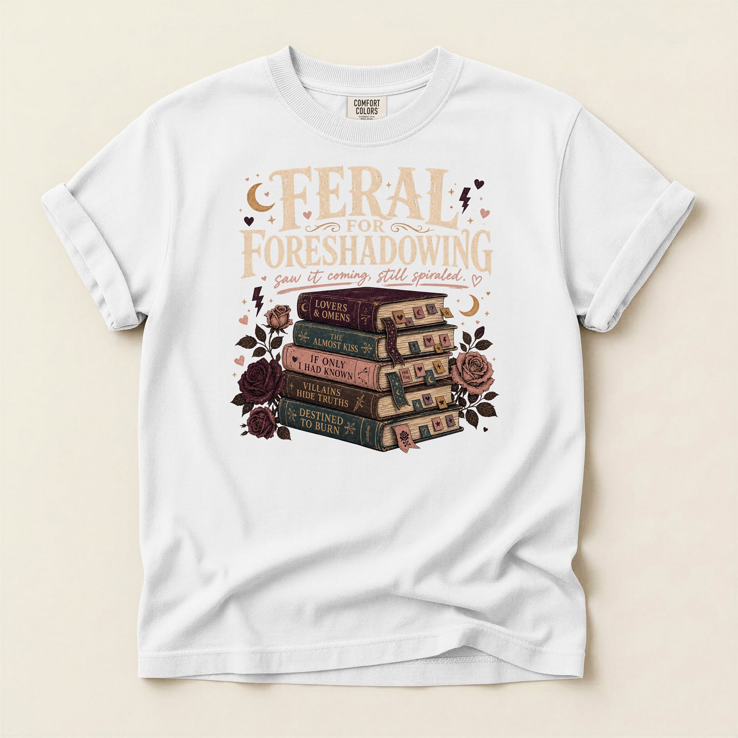 Foreshadowing Stack Book T-Shirt — "Feral for Foreshadowing" Literary Graphic Tee