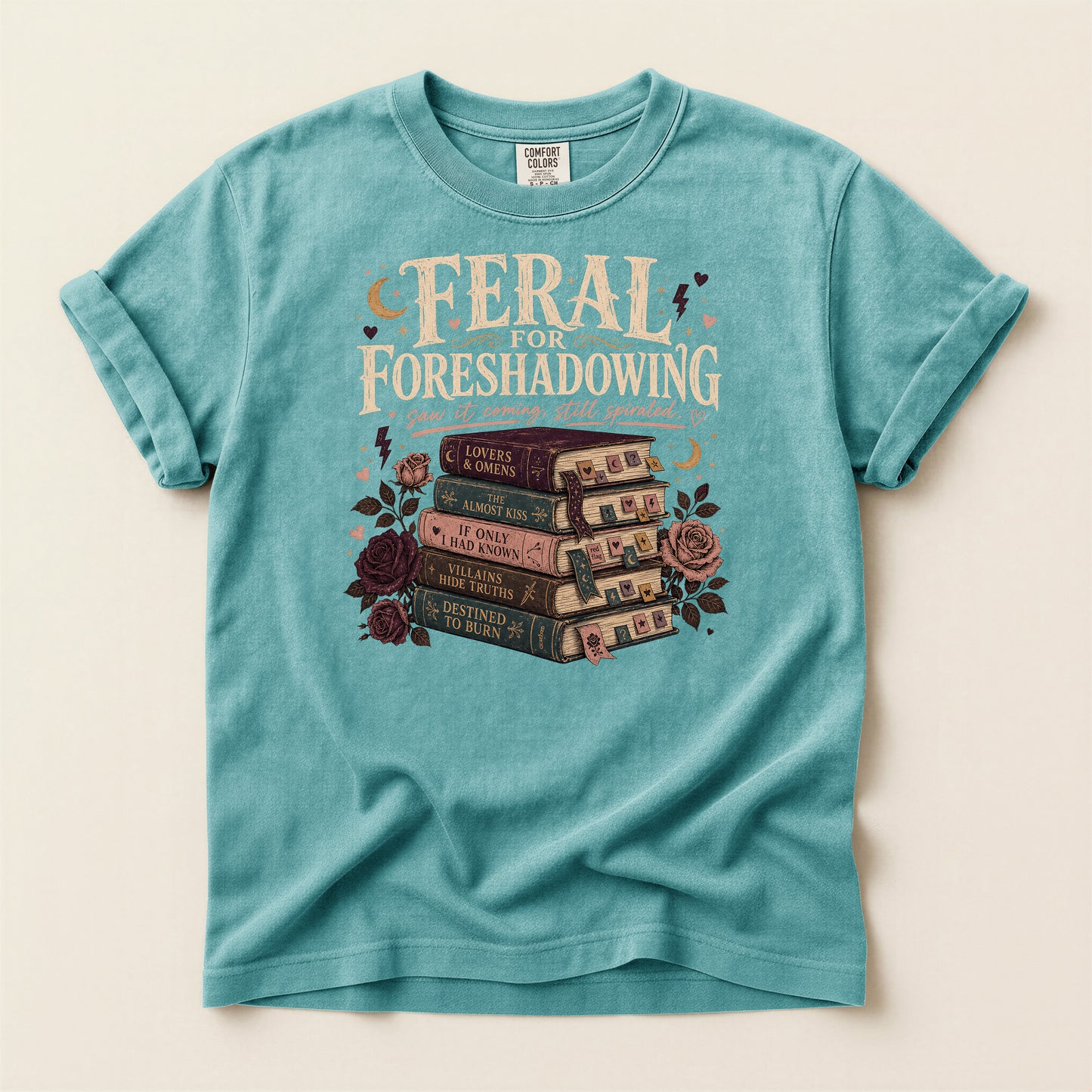 Foreshadowing Stack Book T-Shirt — "Feral for Foreshadowing" Literary Graphic Tee
