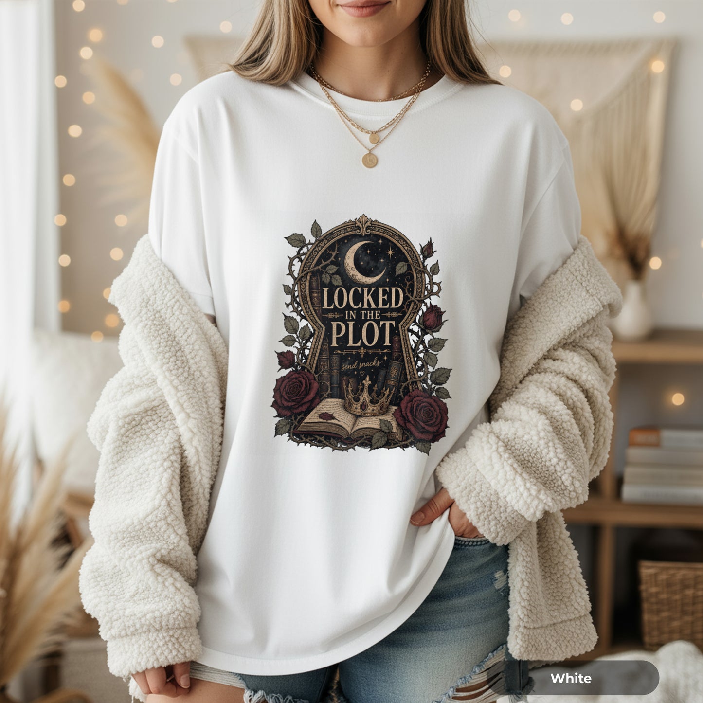 Locked in the Plot T-Shirt — Gothic Moon & Roses Literary Graphic Tee