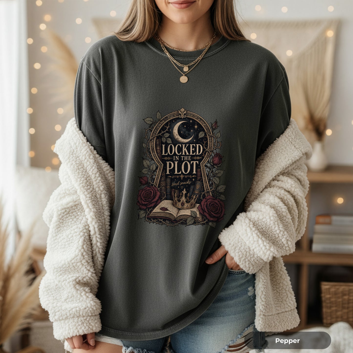 Locked in the Plot T-Shirt — Gothic Moon & Roses Literary Graphic Tee