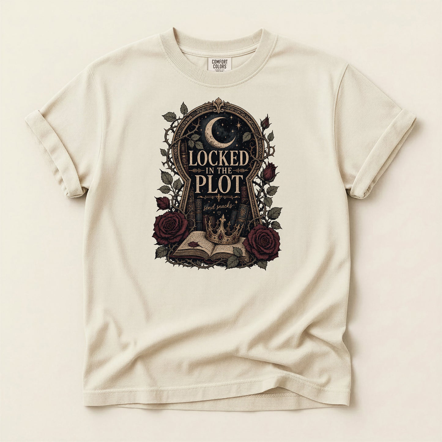 Locked in the Plot T-Shirt — Gothic Moon & Roses Literary Graphic Tee