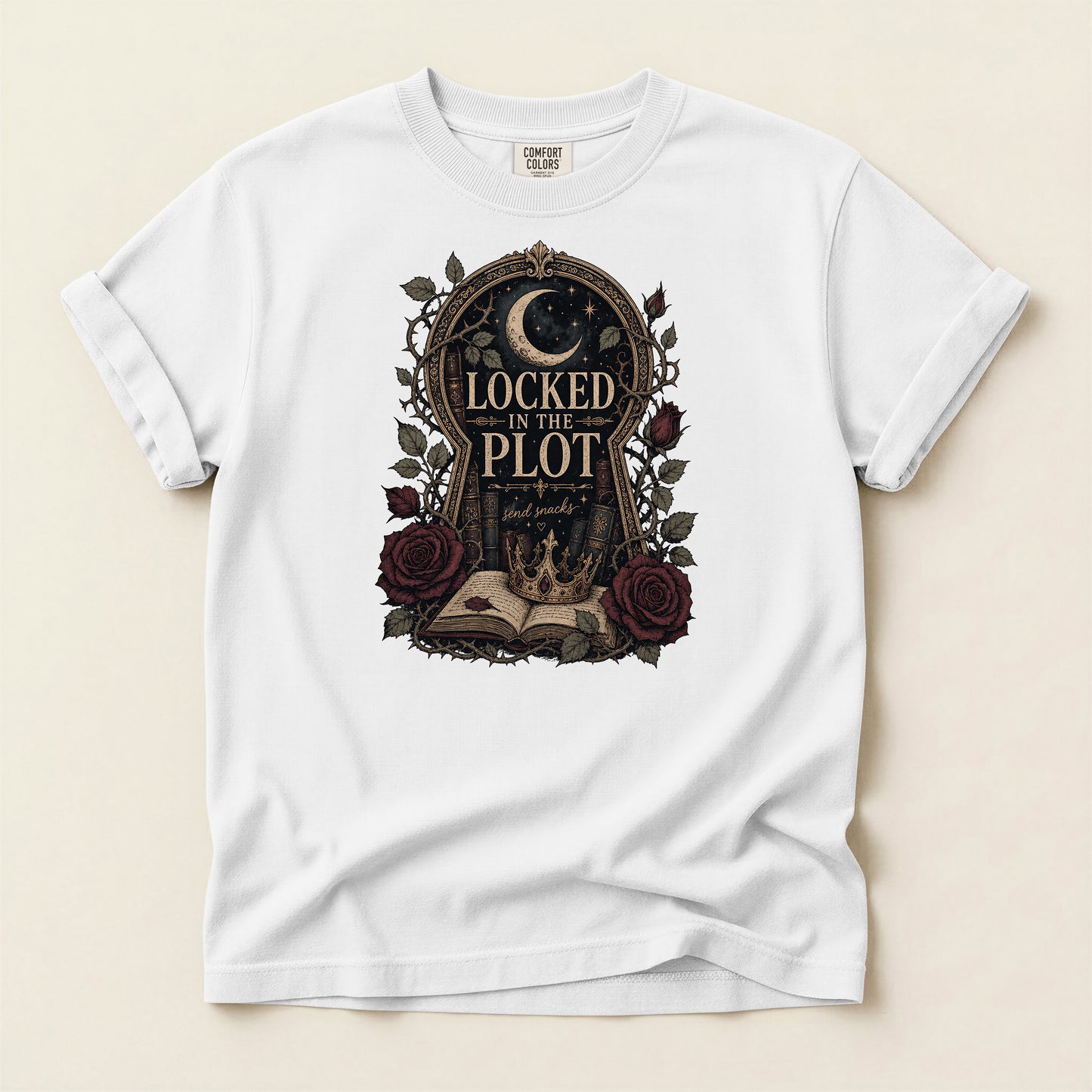 Locked in the Plot T-Shirt — Gothic Moon & Roses Literary Graphic Tee