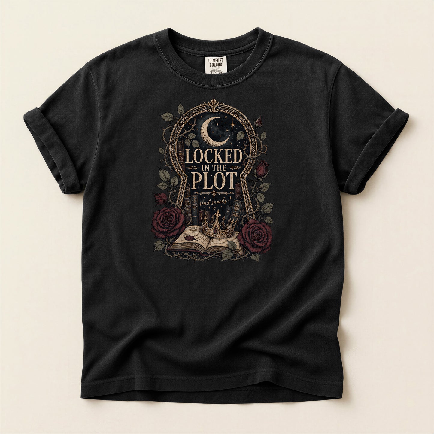 Locked in the Plot T-Shirt — Gothic Moon & Roses Literary Graphic Tee