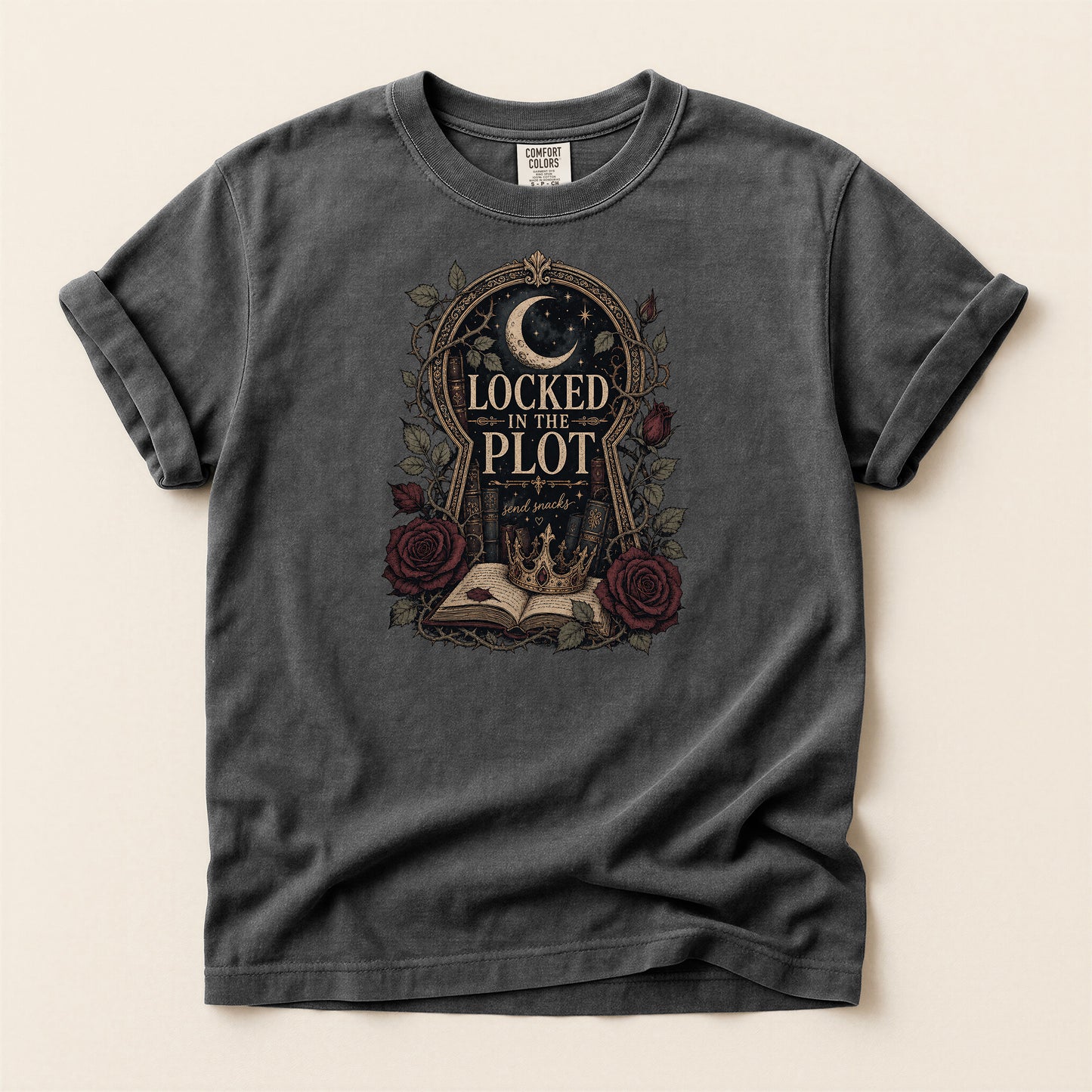 Locked in the Plot T-Shirt — Gothic Moon & Roses Literary Graphic Tee