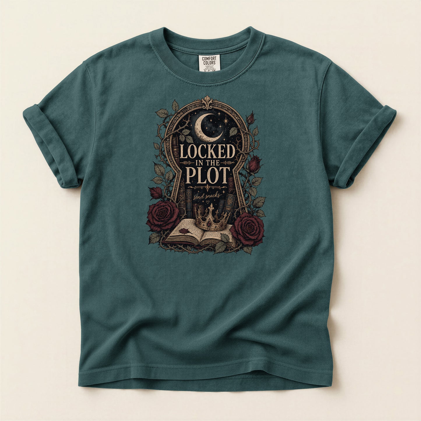 Locked in the Plot T-Shirt — Gothic Moon & Roses Literary Graphic Tee