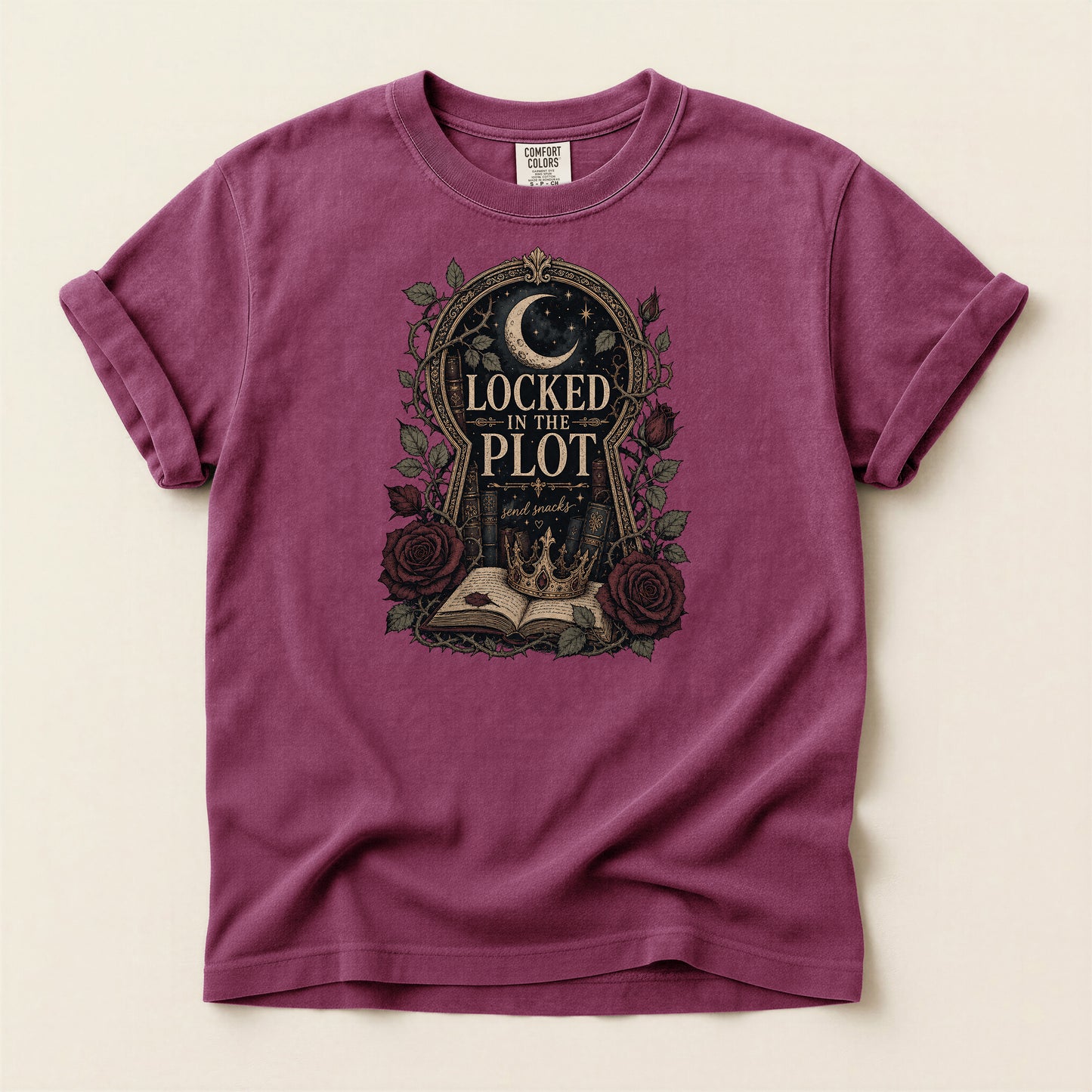 Locked in the Plot T-Shirt — Gothic Moon & Roses Literary Graphic Tee