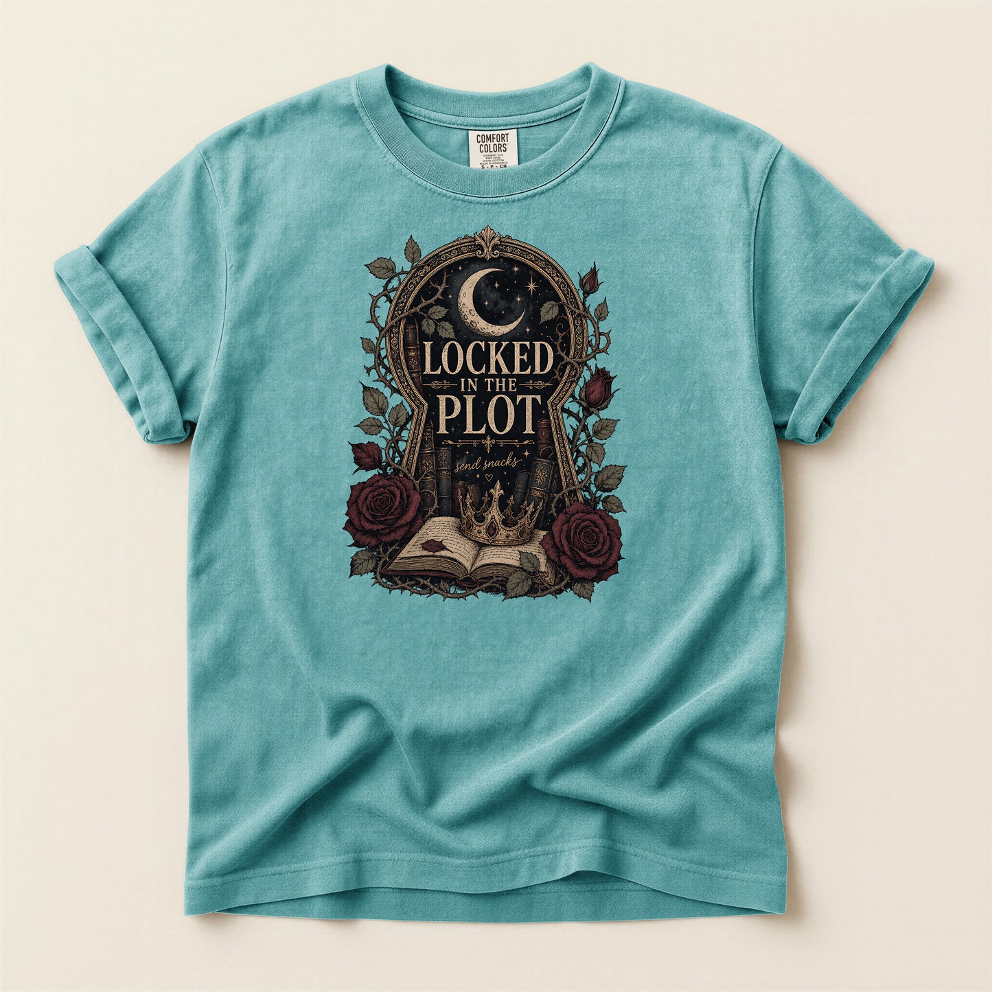 Locked in the Plot T-Shirt — Gothic Moon & Roses Literary Graphic Tee
