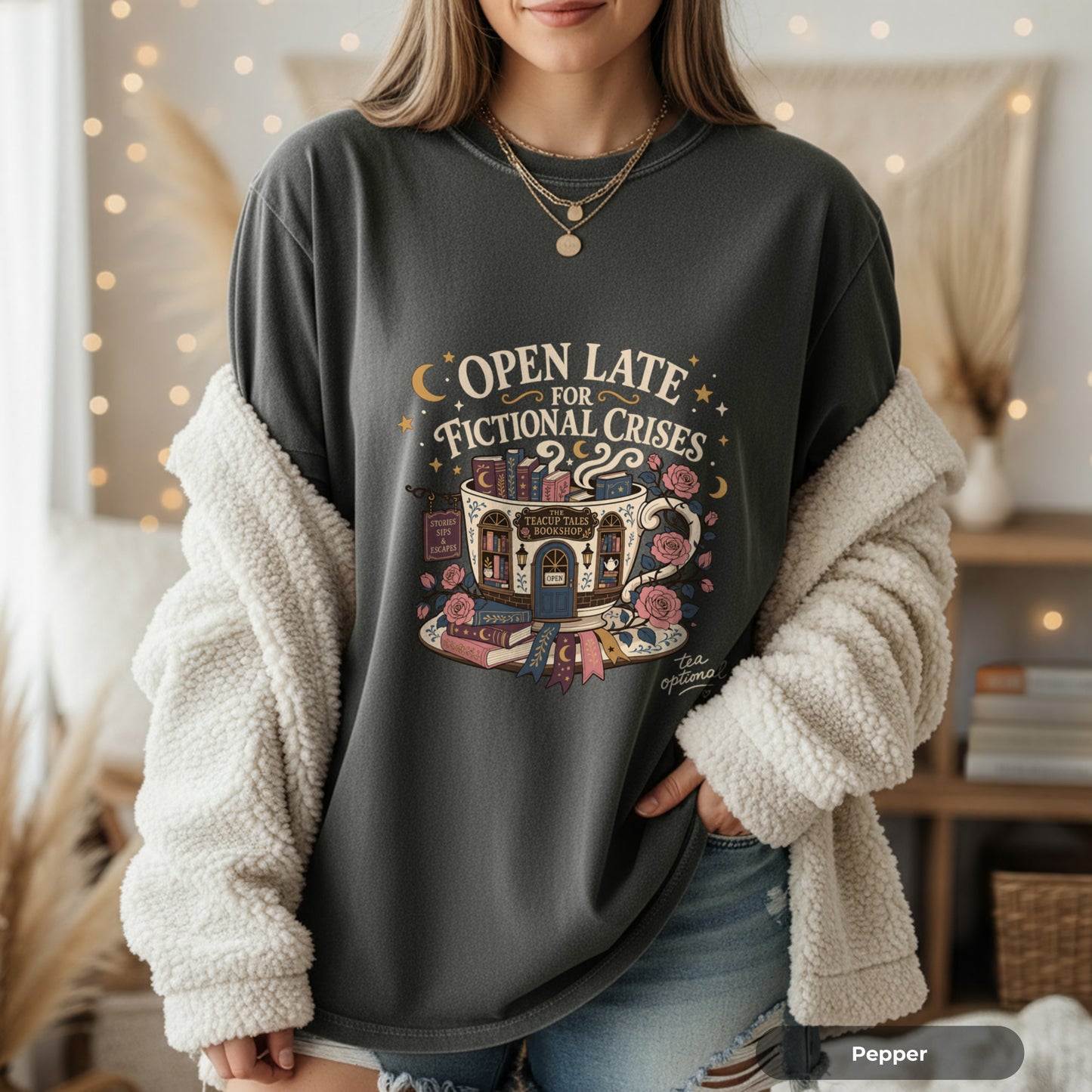 T-Shirt — "Open Late for Fictional Crises" Literary Booklover Tee