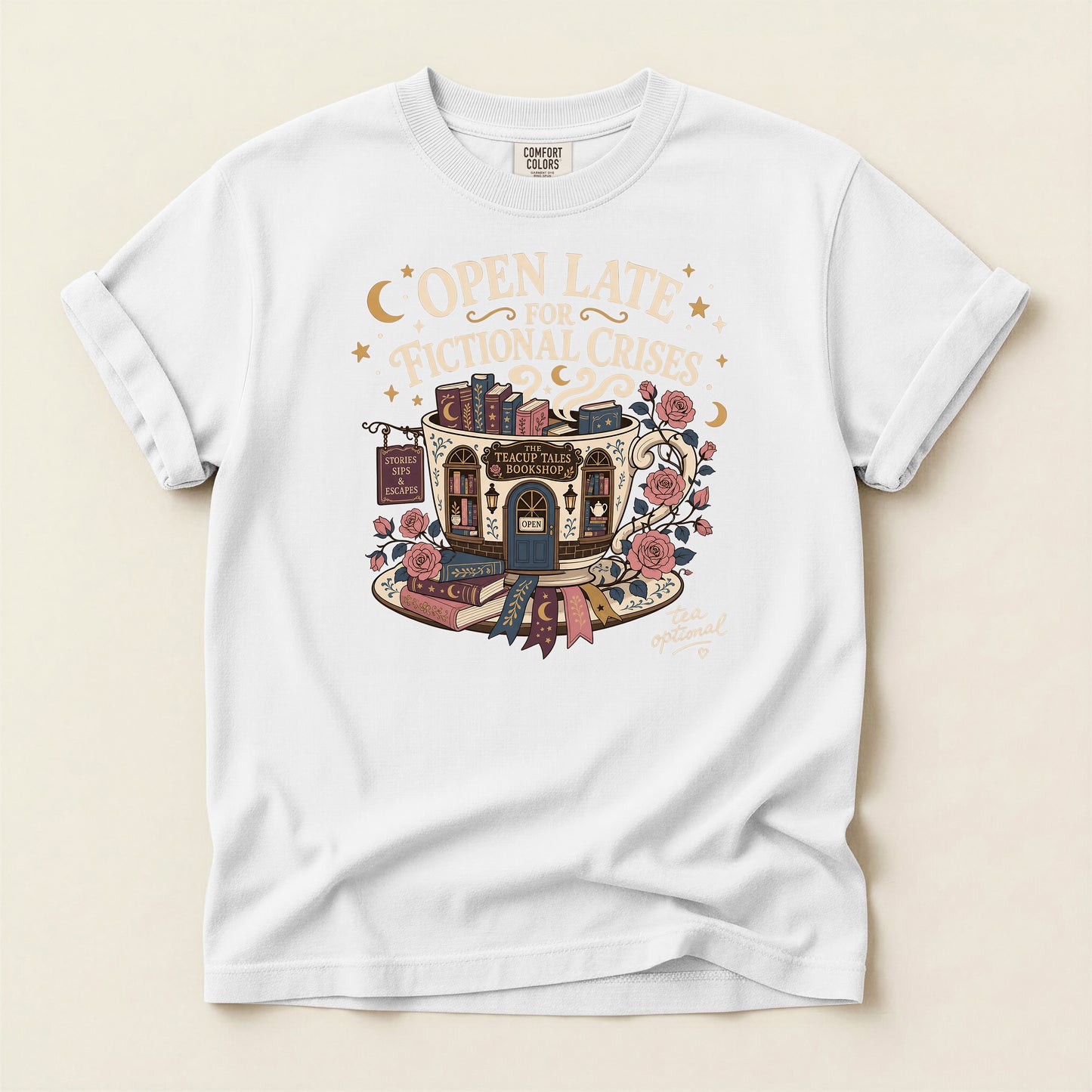 T-Shirt — "Open Late for Fictional Crises" Literary Booklover Tee